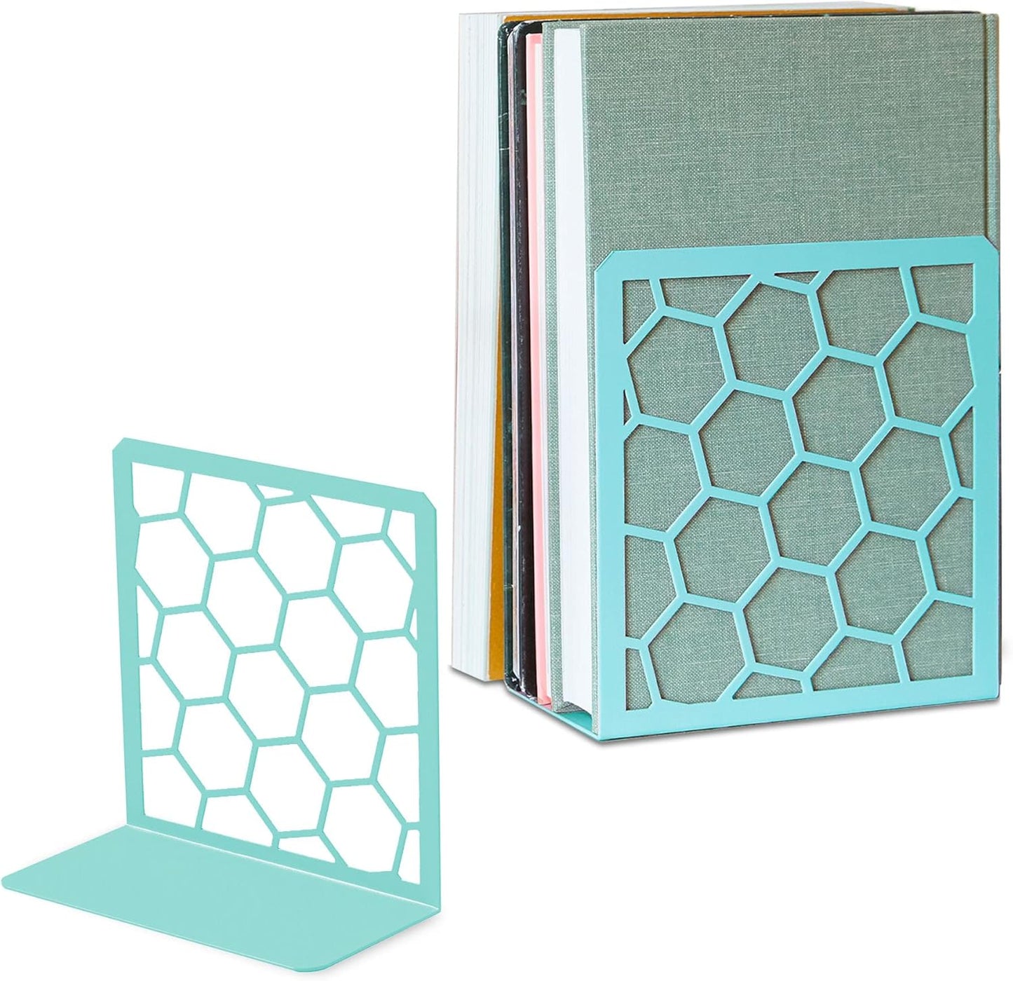 GEOMOD Geometric Honeycomb Turquoise Metal Bookends Decorative - Tall Sturdy Book Ends for Shelves - Modern Heavy Duty Bookend Stopper - Office Shelf Book Holder - 6x3.25x6.25 Inches - 1 Pair
