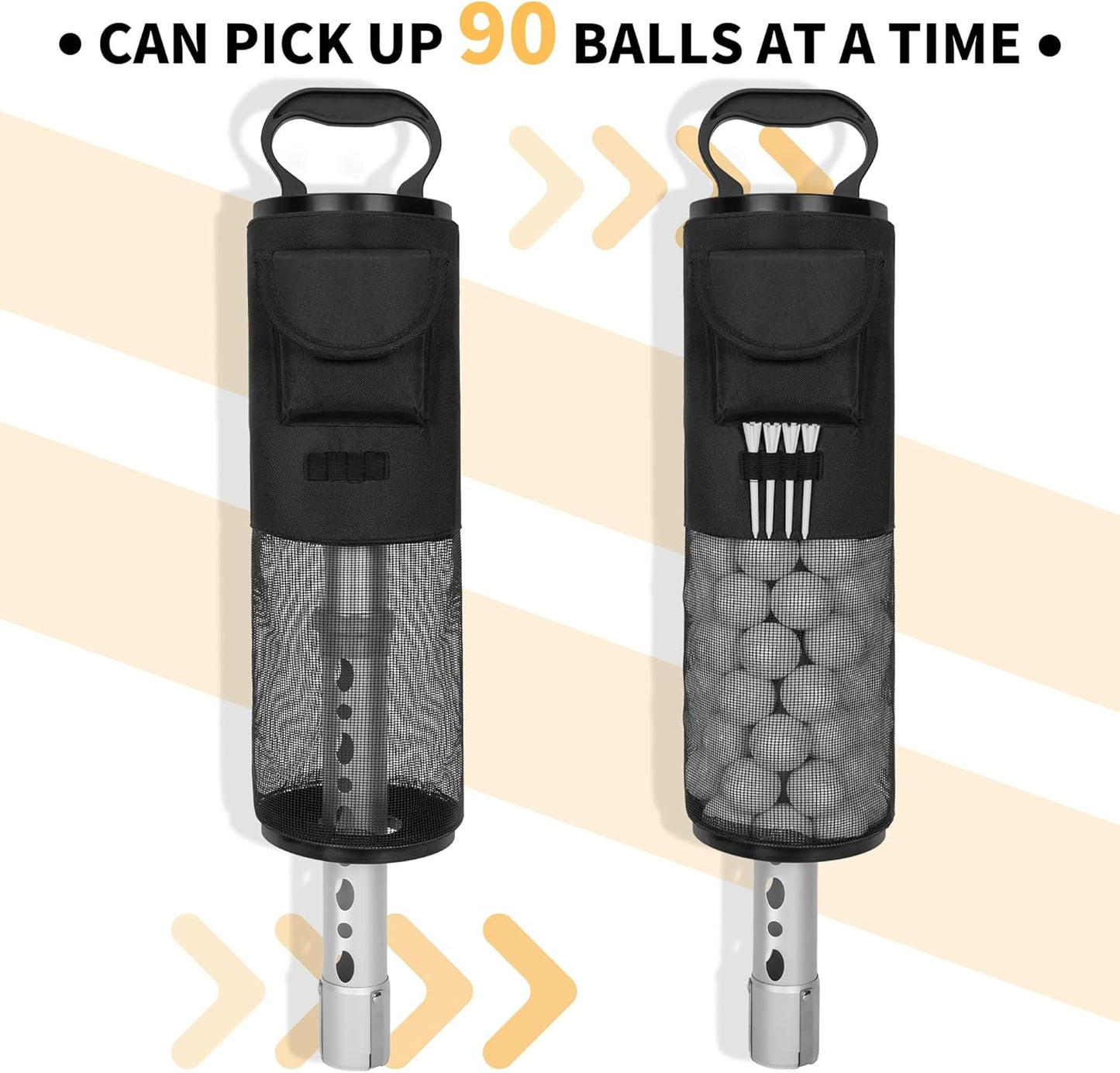 AKOZLIN Golf Ball Retriever Portable Shag Bag Golf Ball Pick Up Collector with Detachable Aluminum Tube Tee Holder, Pocket Shagger Storage