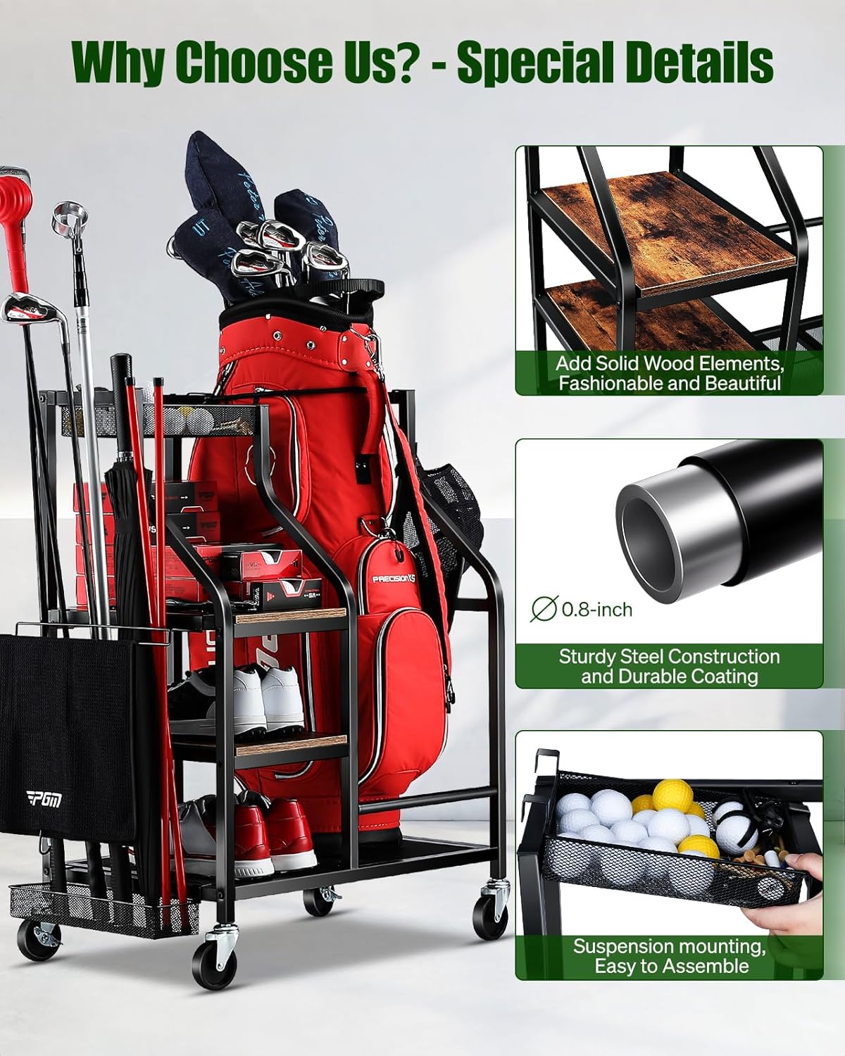 Golf Bags Storage Garage Organizer- Golf Bag Stand for Golf Bags, Clubs, Balls, Golf Equipment Accessories, Golf Bag Storage Rack with Wheels for Garage, Club, Basement