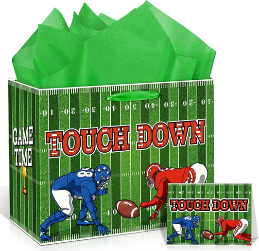 Football Party Gift Bag, Green Football Gift Wrap Bag with Tissue Paper Card Decorations for Sports Party Favor Touchdown Birthday Goodie Gifts Wrapping Bags for Boys Men Team Baby Shower Supplies