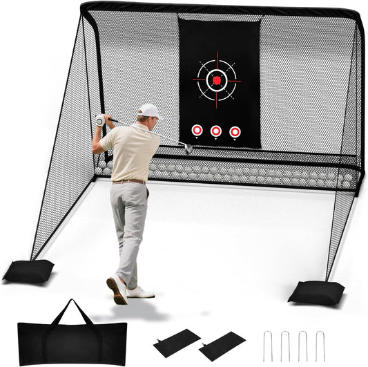 10x7FT Golf Practice Hitting Net, Heavy Steel Frame, Side Barriers, Low-Noise Target Cloth, for Backyard Driving Chipping Swing Training, Indoor/Outdoor Driving Range with Carry Bag