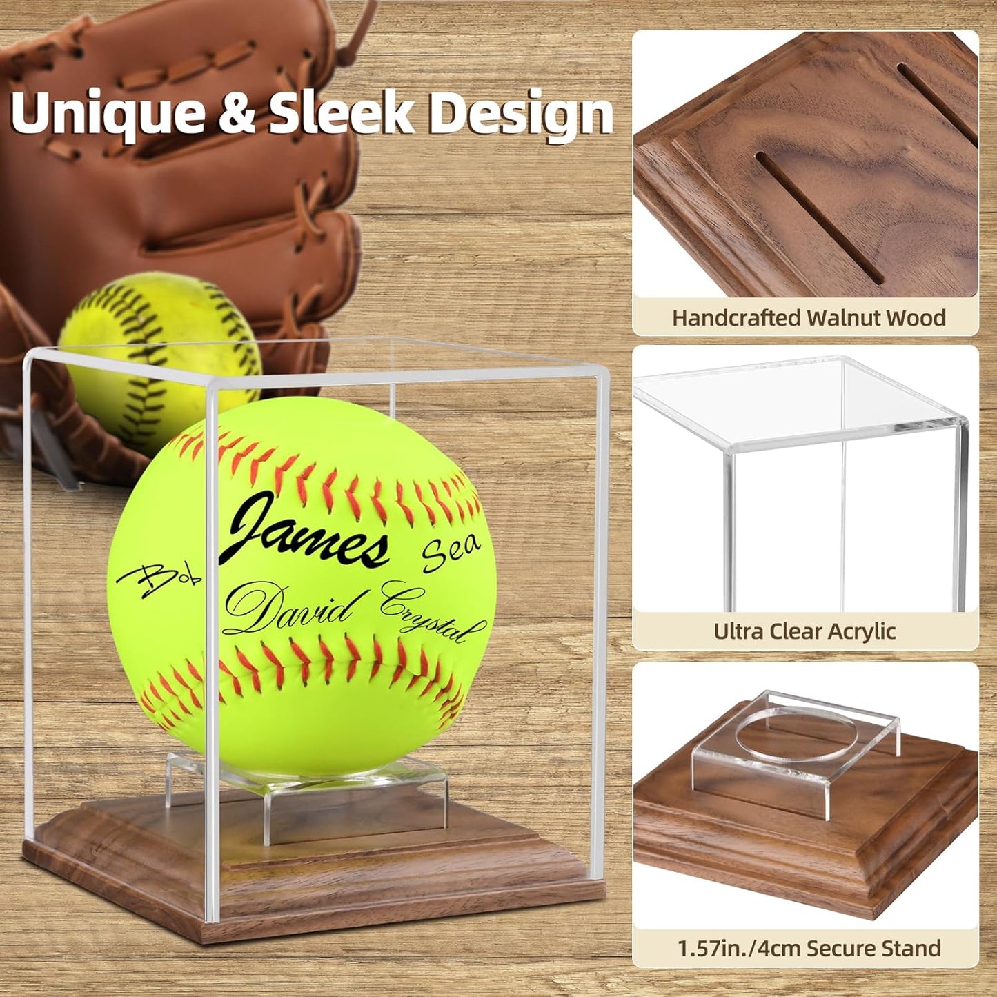 Softball Display Case Walnut Wood Base Acrylic Softball Case Display For Balls Uv Protection Softball Holder Cube Box Stand Memorabilia Autograph Ball, Ideal Gift For Official Size Single Ball Display
