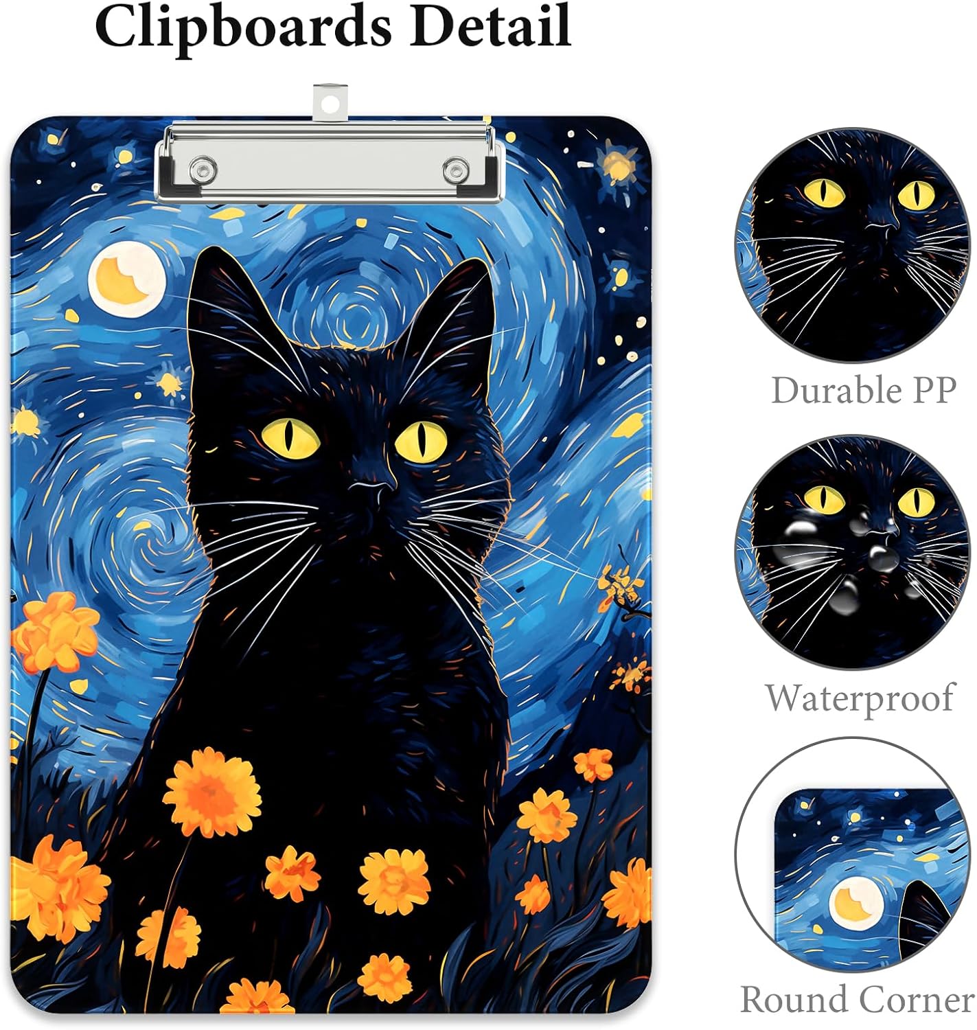 Rimilak Plastic Clipboards with Metal Clip, A4 Letter Size 9 x 12.5 in, Office Decorative for Students Women Men and Kids, Cute Custom Pattern, Starry Sky Cat