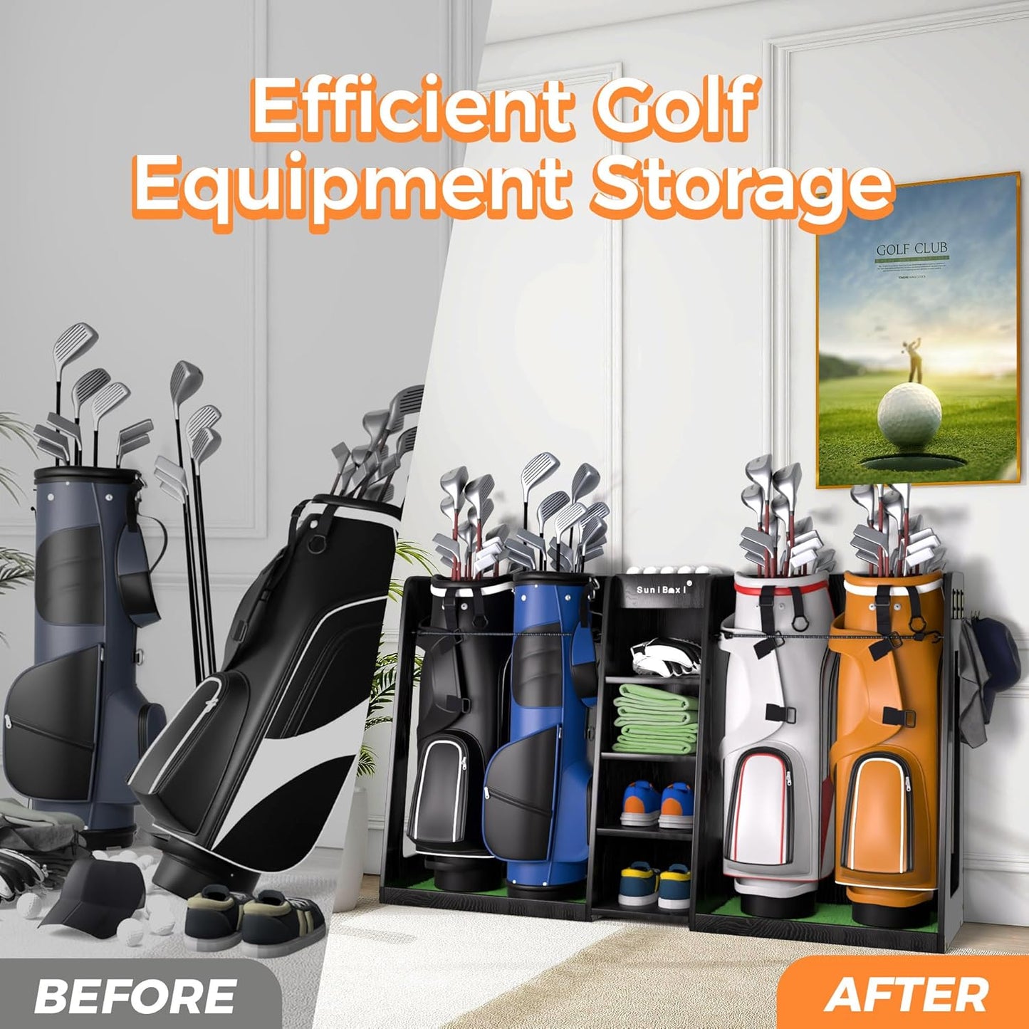 Wooden Golf Storage Organizer for Garage, Premium Golf Bag Holder Rack for Golfing Accessories, Great Gift for Golfers,Husband, Dad
