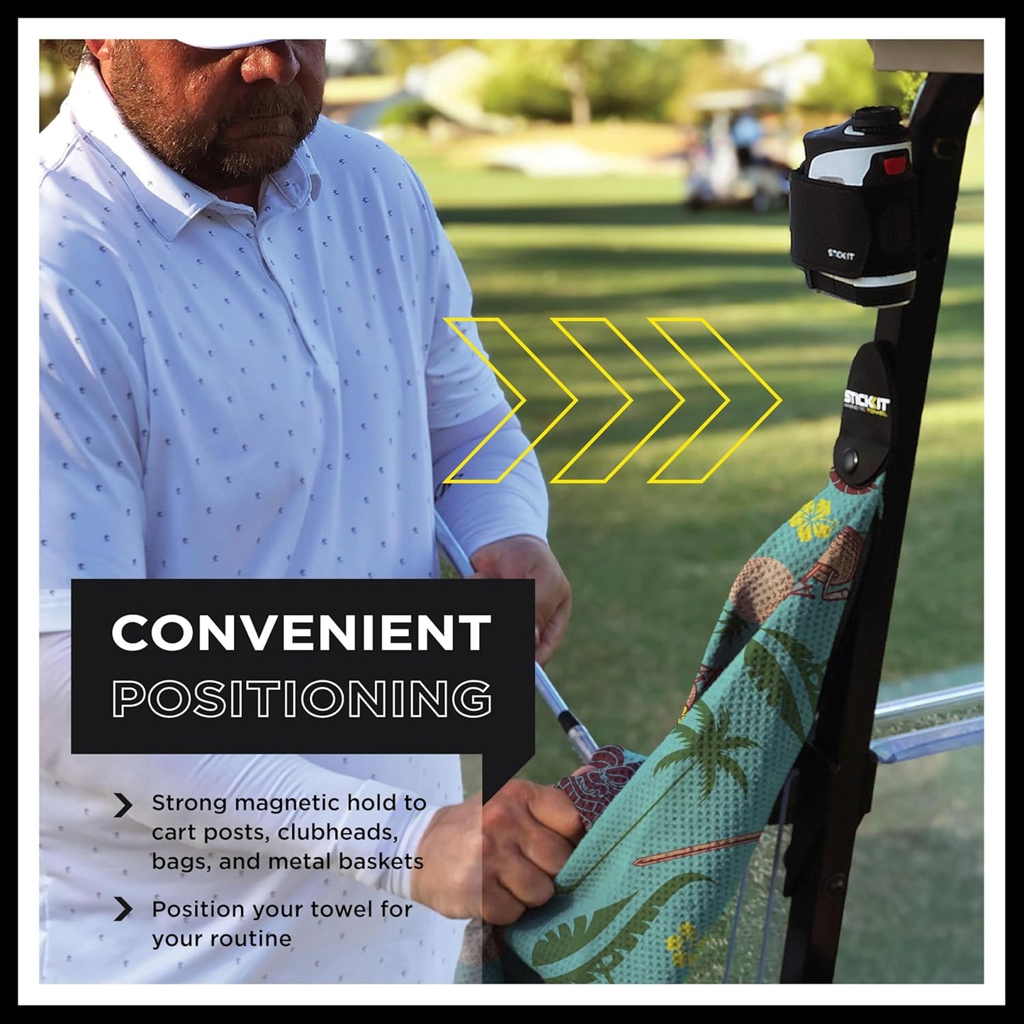STICKIT Magnetic Golf Towel, Teal Tiki | Top-Tier Microfiber Golf Towel with Deep Waffle Pockets | Industrial Strength Magnet for Strong Hold to Golf Carts or Clubs