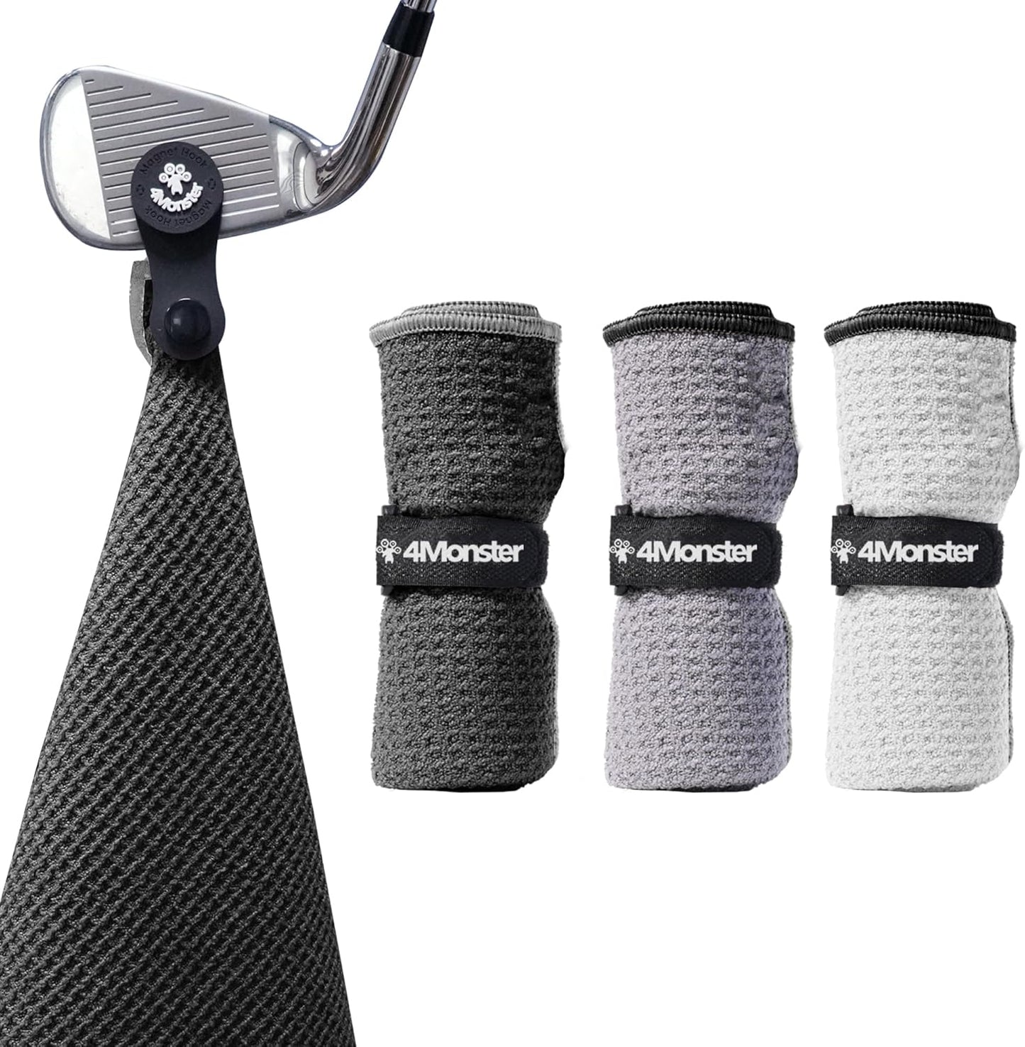 4Monster Golf Towels 3-Pack with Detachable Magnet and Portable Pouch, Quick-Dry Microfiber Golf Towel Set for Golf Bags,Custom Towel Gifts for Men or Women (3, Black/White/Grey)