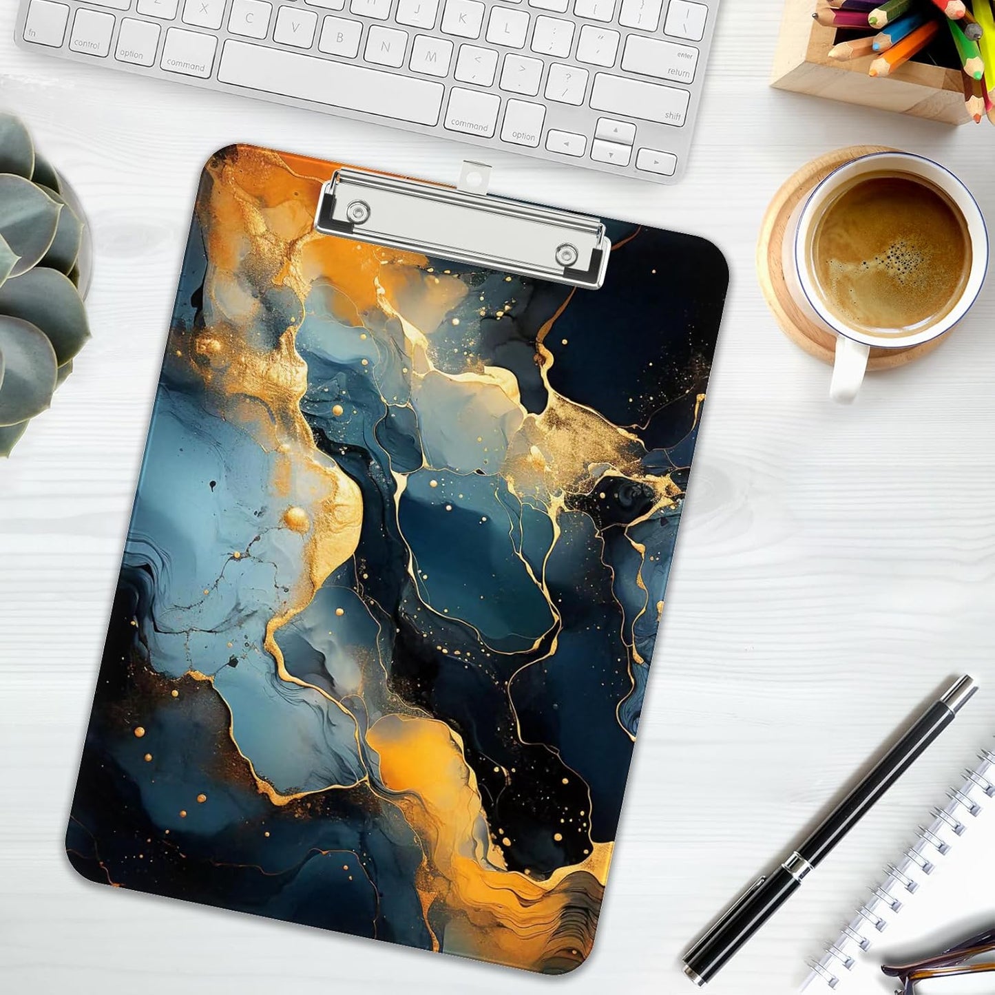 Rimilak Plastic Clipboards with Metal Clip, A4 Letter Size 9 x 12.5 in, Office Decorative for Students Women Men and Kids, Cute Custom Pattern, Black Gold Marble