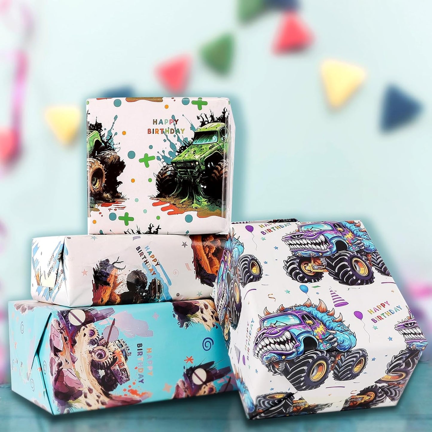 Vnaaem Monster Truck Birthday Wrapping Paper 8 Pc Happy Birthday Gift Wrap Racing Car Art Paper Folded Flat for Boys Kids Baby Shower Holiday 19.6 X27.8Inch