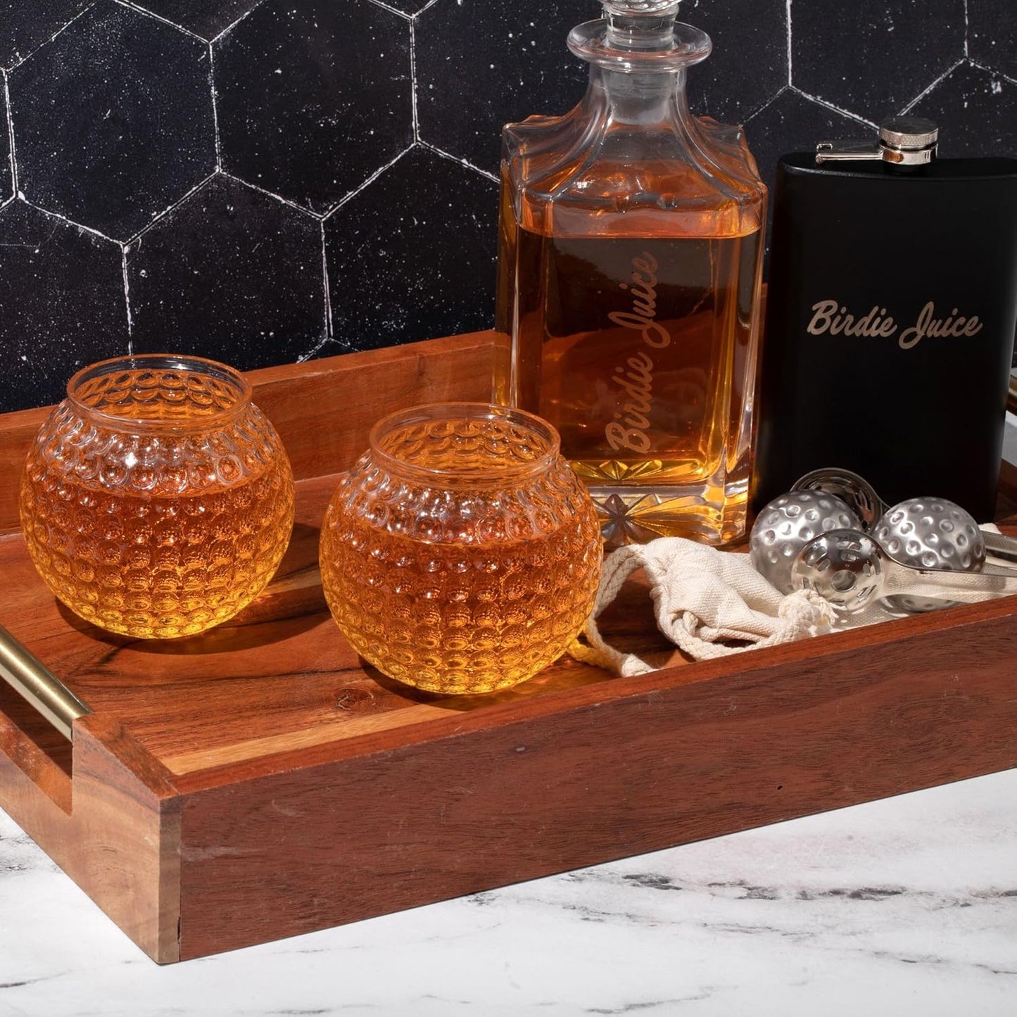 Golf Ball Whiskey Glass and Decanter Set with Crystal Whiskey Glasses, Decanter Set, Golf Ball Whiskey Chillers, Tongs, Storage Pouch, Birdie Juice Flask, and Elegant Black Storage Box