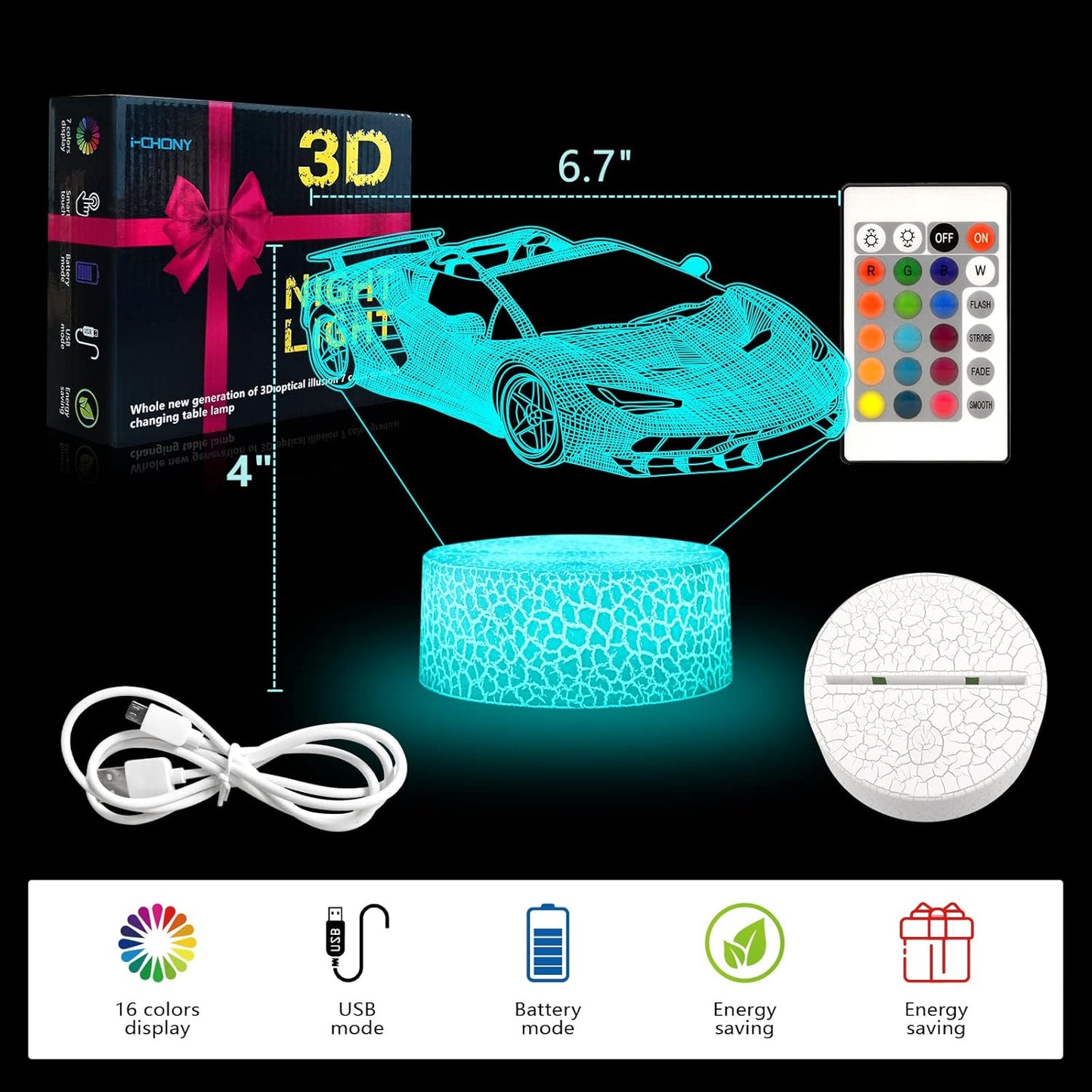 i-CHONY Sport Car Night Light,Race Car 3D Optical Illusion Lamp,with Remote & Smart Touch 16 Colors Dimmable Bedroom Decor Bedside Lamp,Christmas Holiday Birthday Gifts