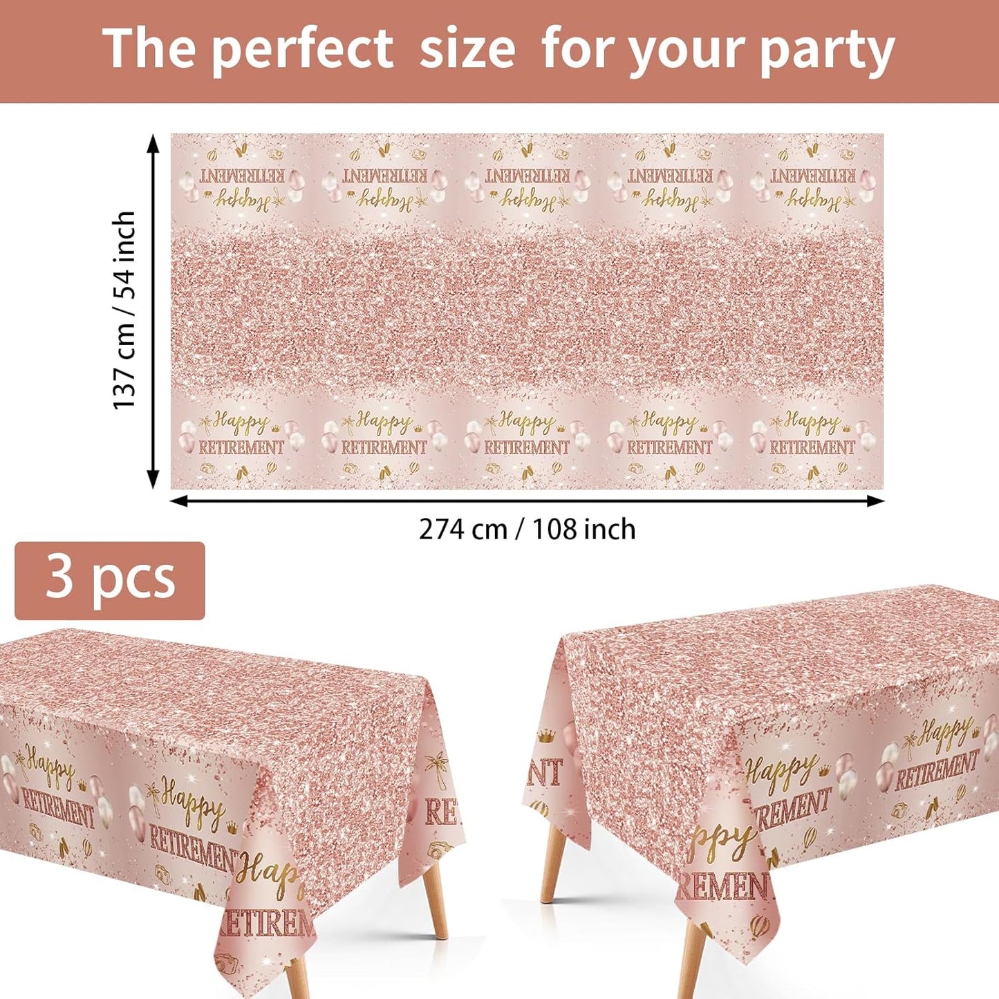 Grencian 3Pcs Rose Gold Retirement Tablecloth Pink Happy Retirement Table Cover Plastic Rectangle Women Happy Retired Table Cloth for Men Women Say Goodbye Going Away Party Supplies 54" x 108"