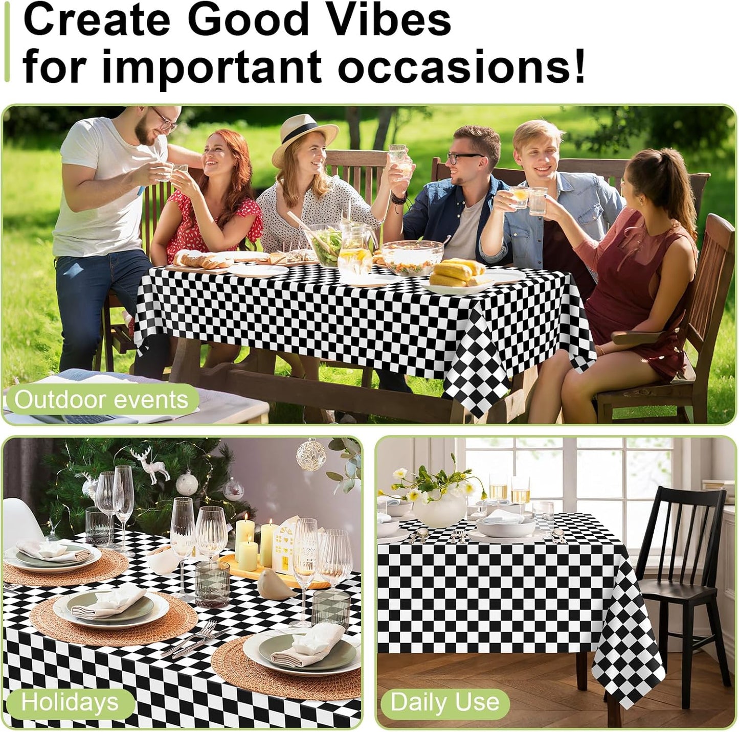 QIKSION Checkered Tablecloth Disposable 2 Pack, 54 x 108 Inch Black and White Checkered Flag Table Cloth for Rectangle Tables, Plastic Table Cover