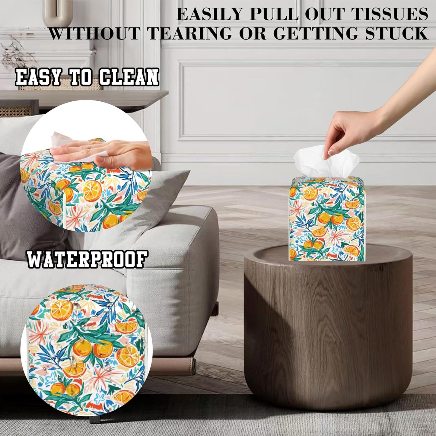 Summer Fruits Orange and Leaves Tissue Box Cover Square, Tissue Box Holder Leather Facial Paper Case Decorative Organizer Holder Dispenser Home Office Car Decor