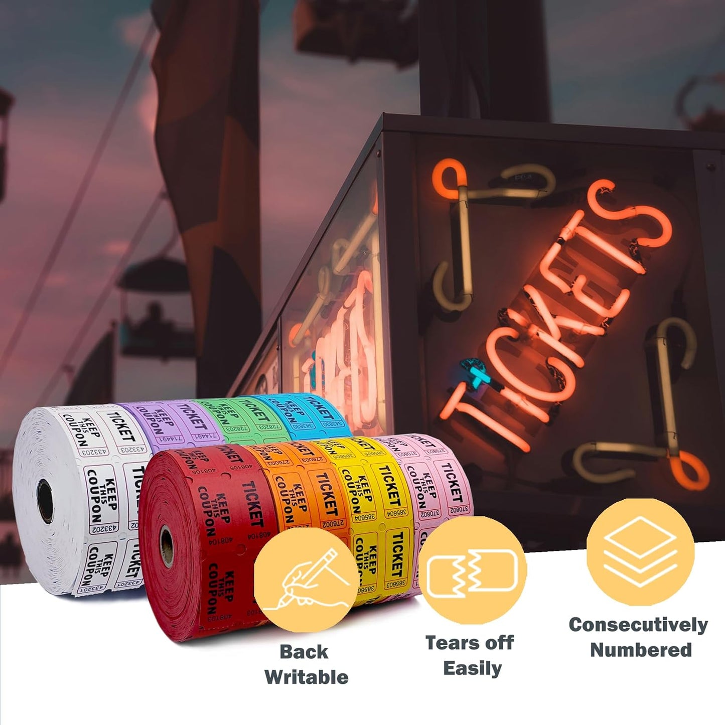 9600 Double Tickets, 1200 Tickets Per Roll, Assorted 50/50 Tickets Roll for Events, Entry, Carnivals, and Door Prizes (Blue/Red/Green/Yellow/Orange/Purple/White/Pink)