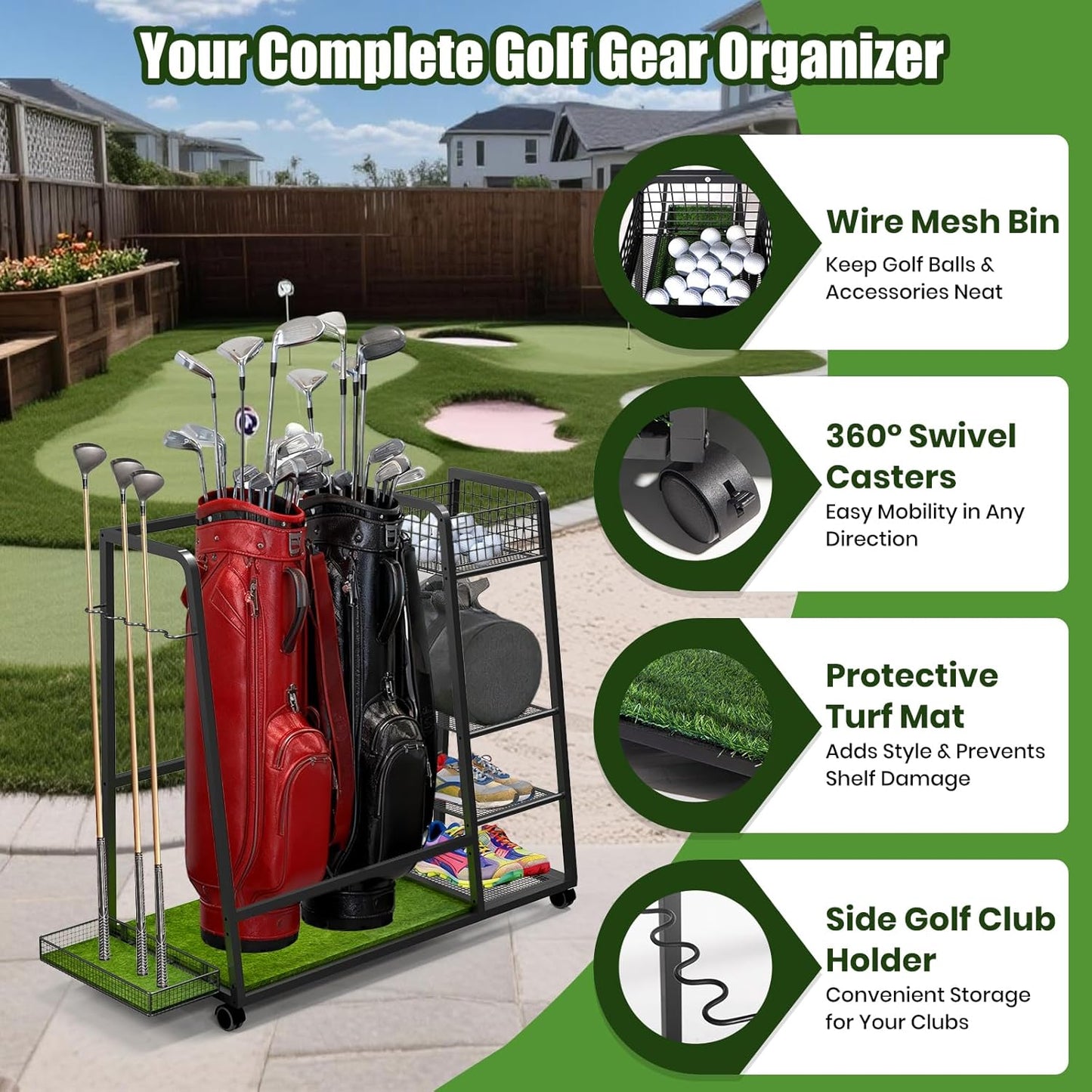 TooCust Golf Bag Storage Rack for Garage Fits 2 Bags, Heavy Duty Metal Golf Bag Organizer with Wheels, Freestanding Golf Club Rack for Equipment Accessories with Shelves & Protective Turf Mat