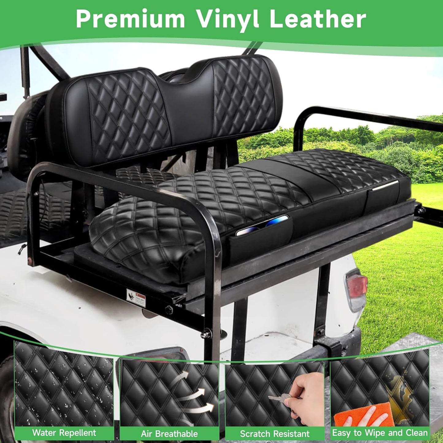 Golf Cart Rear Seat Covers for EZGO Club Car Yamaha Aftermarket Rear Seat Cushion, Rear Seat Cover Set with Concave and Convex Design, Thick Vinyl Leather Comfortable Breathable