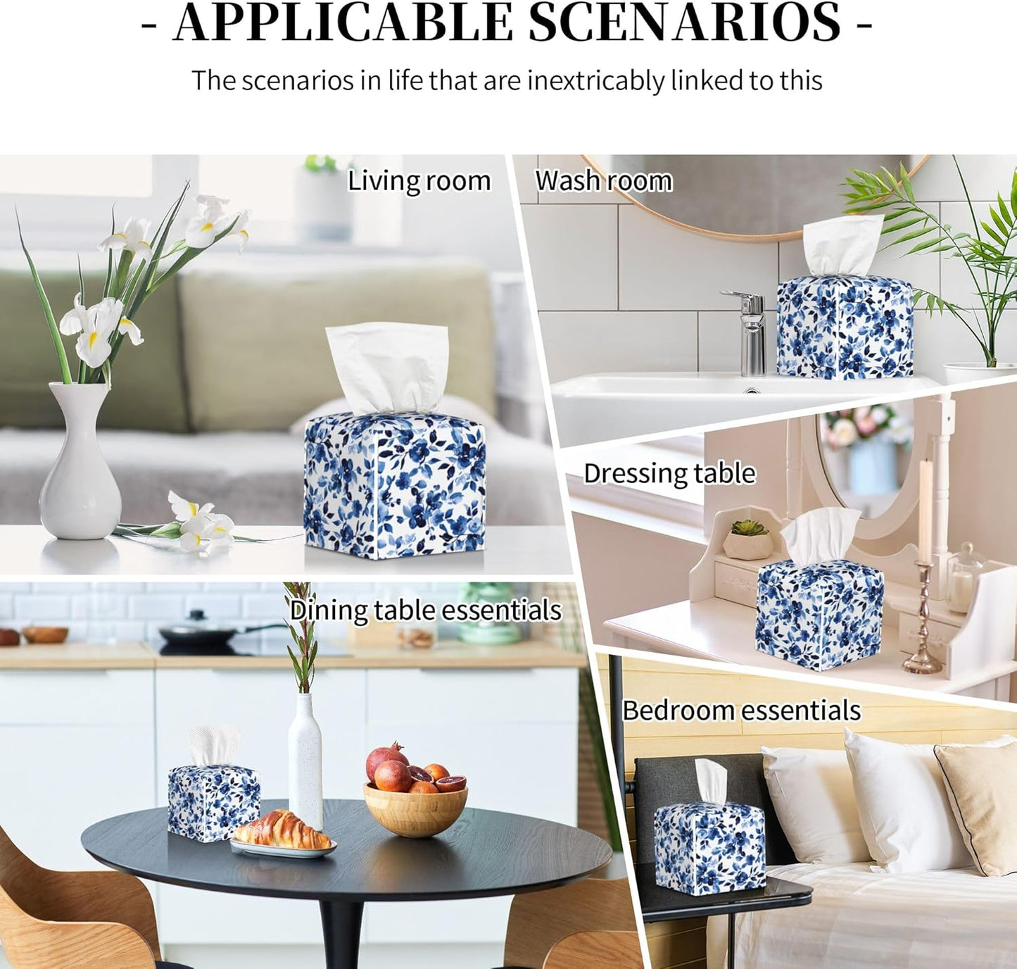 Tissue Box Cover Square, Sweet Blue Flower Watercolor Leather Tissue Box Holder Decorative Organizer for Bathroom, Home Office Car Decor