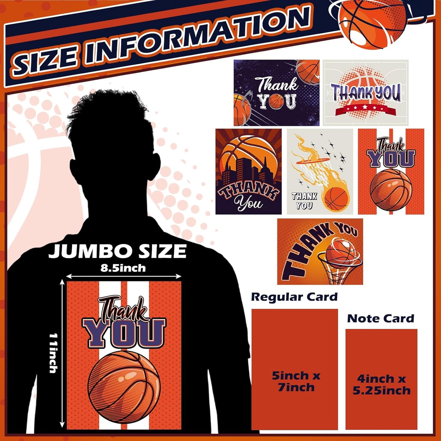 6 Pack Jumbo Thank You Card for Coach with Envelopes 8.5x11 Inch Thank You Cards Gifts from the Team Group Sports Themed Greeting Cards for Teacher Appreciation Gift(Basketball)