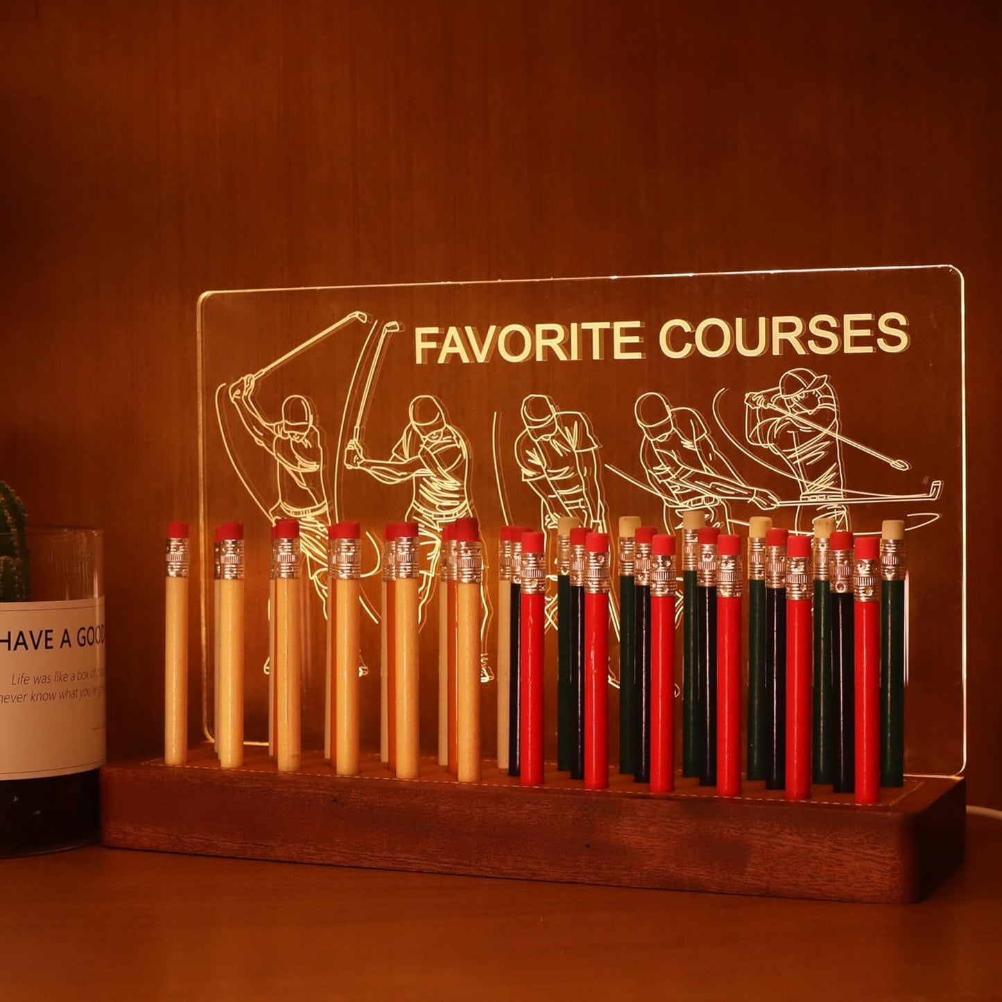 Light Up Golf Pencil Display Case, Wooden Acrylic Accessories with Warm White Lights for Pencil Display and Storage in Homes, Offices, Golf Pro Stores, Golf Museums, and Galleries
