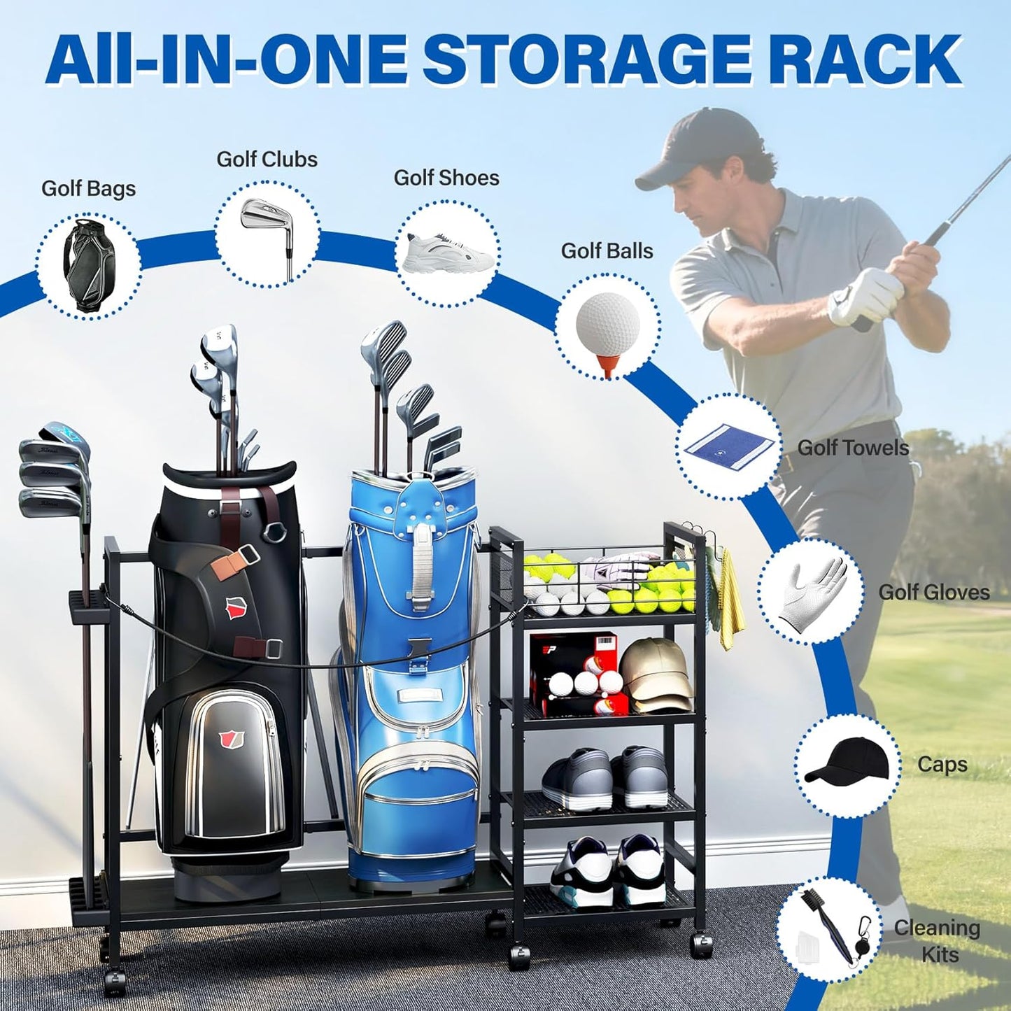 TC-HOMENY Golf Bag Storage Organizer for Garage, Golf Bag Stand with Wheels, Golf Bag Organizer for 2 Golf Bags, Golf Bag Accessories Storage Rack, Extra Golf Clubs Equipment Stand, Golf Bag Holder