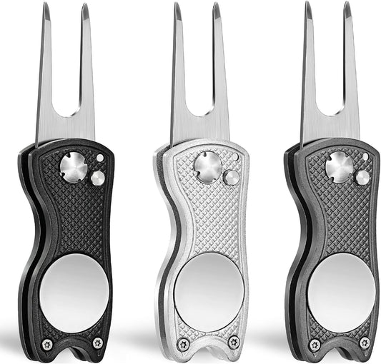 Mile High Life Golf Divot Repair Tool, All Metal Foldable Divot Tool with Pop-up Button & Magnetic Ball Marker, 2-6 Pack