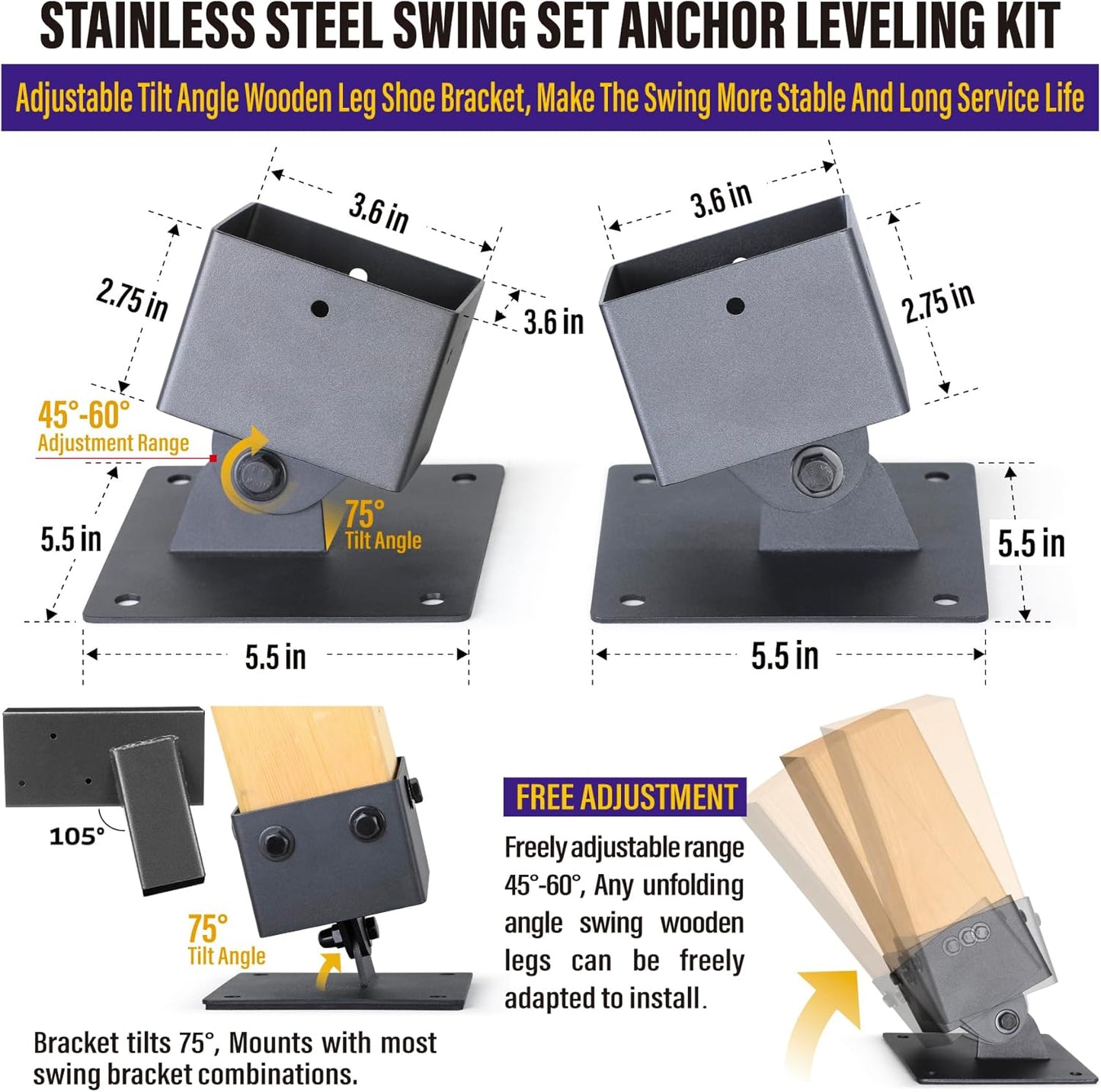 Hulave 201 Stainless Steel Swing Set Anchor Leveling Kit, Swing Set Leveling Base Bracket, Fits 4 x 4 (Actual Size 3.5" x 3.5") Wood Legs, Avoids Moisture to Protect Wooden Legs (4pack - Black)