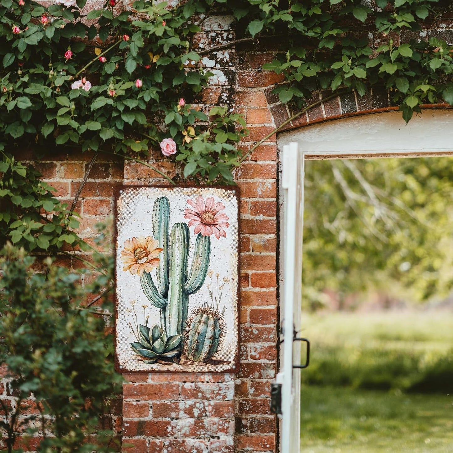 Bouquet Square Vintage Tin Sign Cactus Wall Art Cacti Art Wall Sign Decor for Home Kitchen Garage Outdoor Yard Farmhouse 8x12 Inch