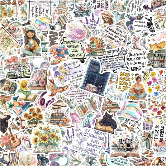 108Pcs Book Lover Aesthetic Stickers Pack for Journal Laptop Ipad Kindle Case Waterproof Vinyl Sticker Set Readers Students Teens Women Club Booktok Scrapbooking