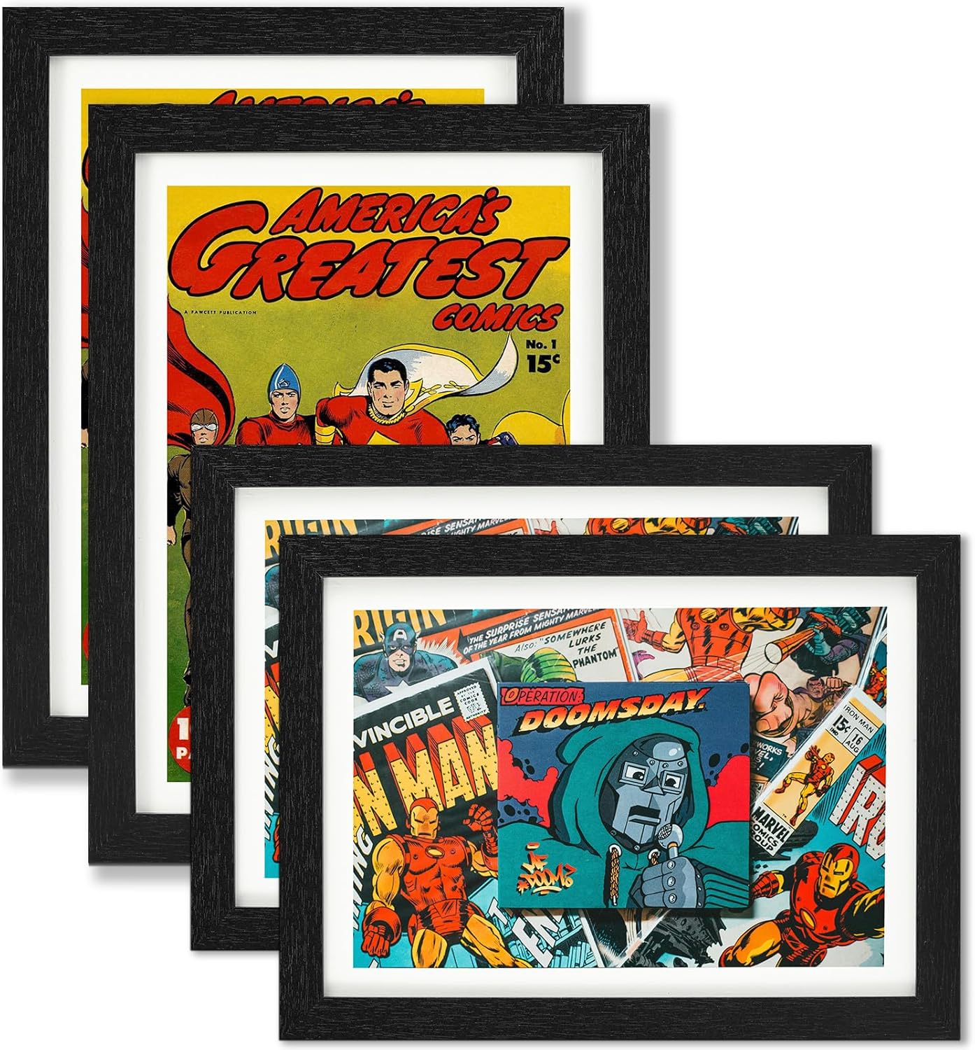 JupDec Comic Book Frame, Premium Wood Display Case for 6 11/16" × 10 3/16" Comic, Wall Mount or Tabletop Stand, Layered Design with Positioning Mat, Perfect for Home Decor, 4 Pack, White