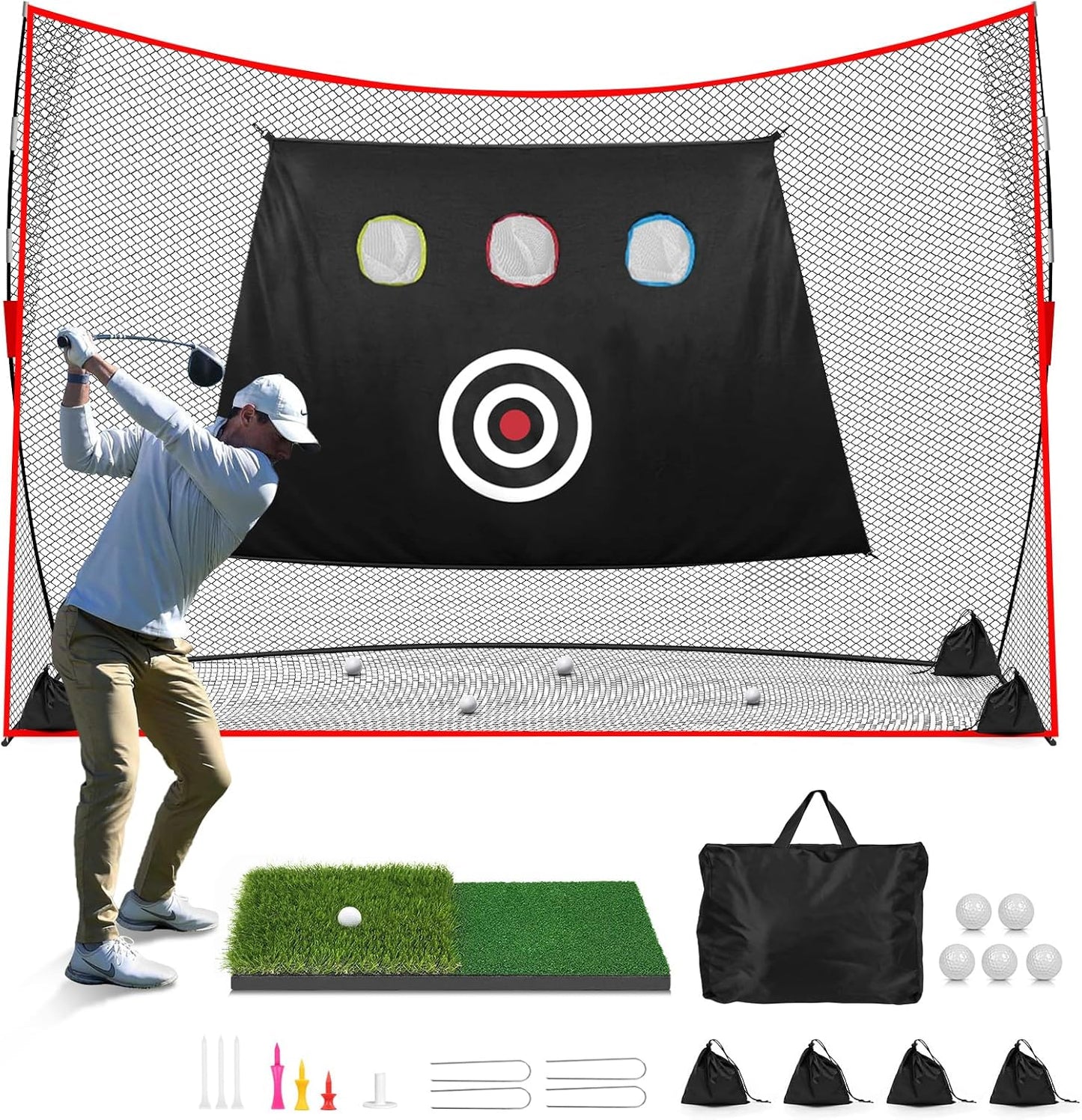 Golf Net: 10x7ft Heavy Duty Golf Practice Net for Indoor/Outdoor Training, Portable Golf Hitting Net with Carry Bag, Ideal Golf Training Aid for Golfers Backyard Driving Chipping Swing (Standard)