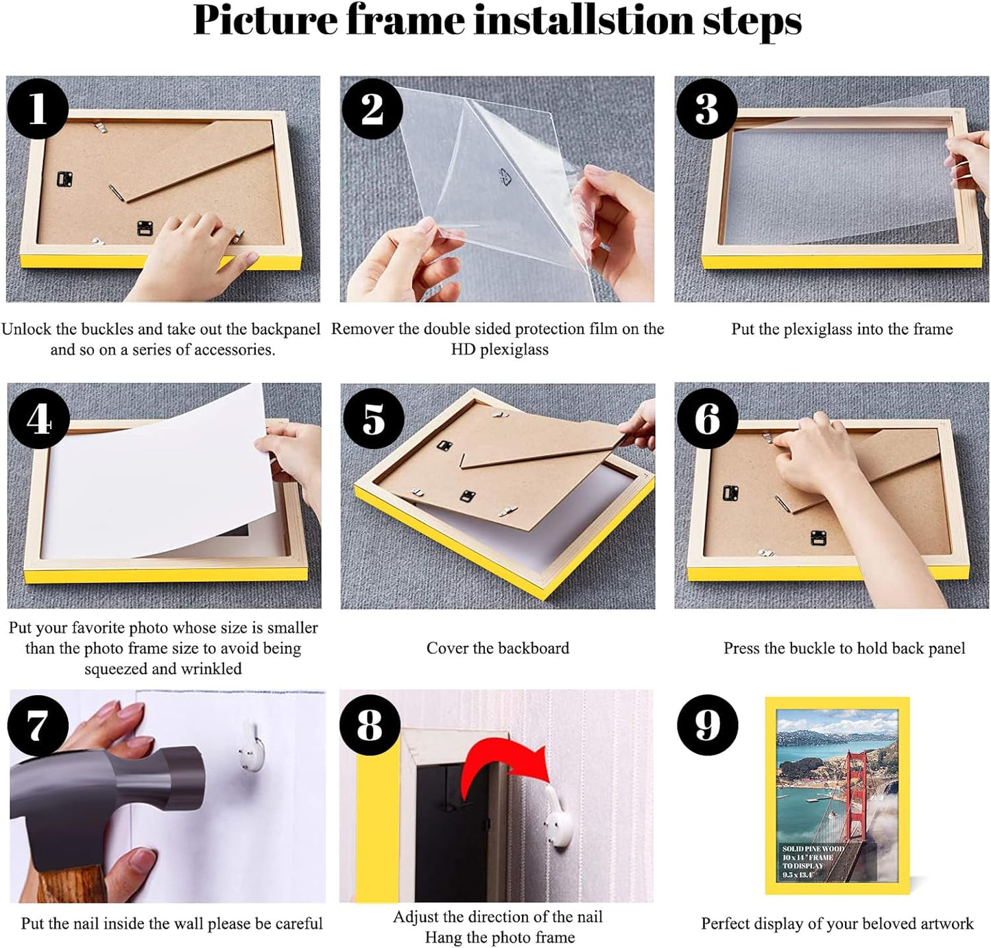 10x14 inch Wood Picture Frames for Wall Hanging,Diamond Painting Frames Rectangle Baby Scan Picture Frame for Family Walls Decoration,Anniversary,Wedding,Christmas,Halloween,Shower,Certificate (Yellow)