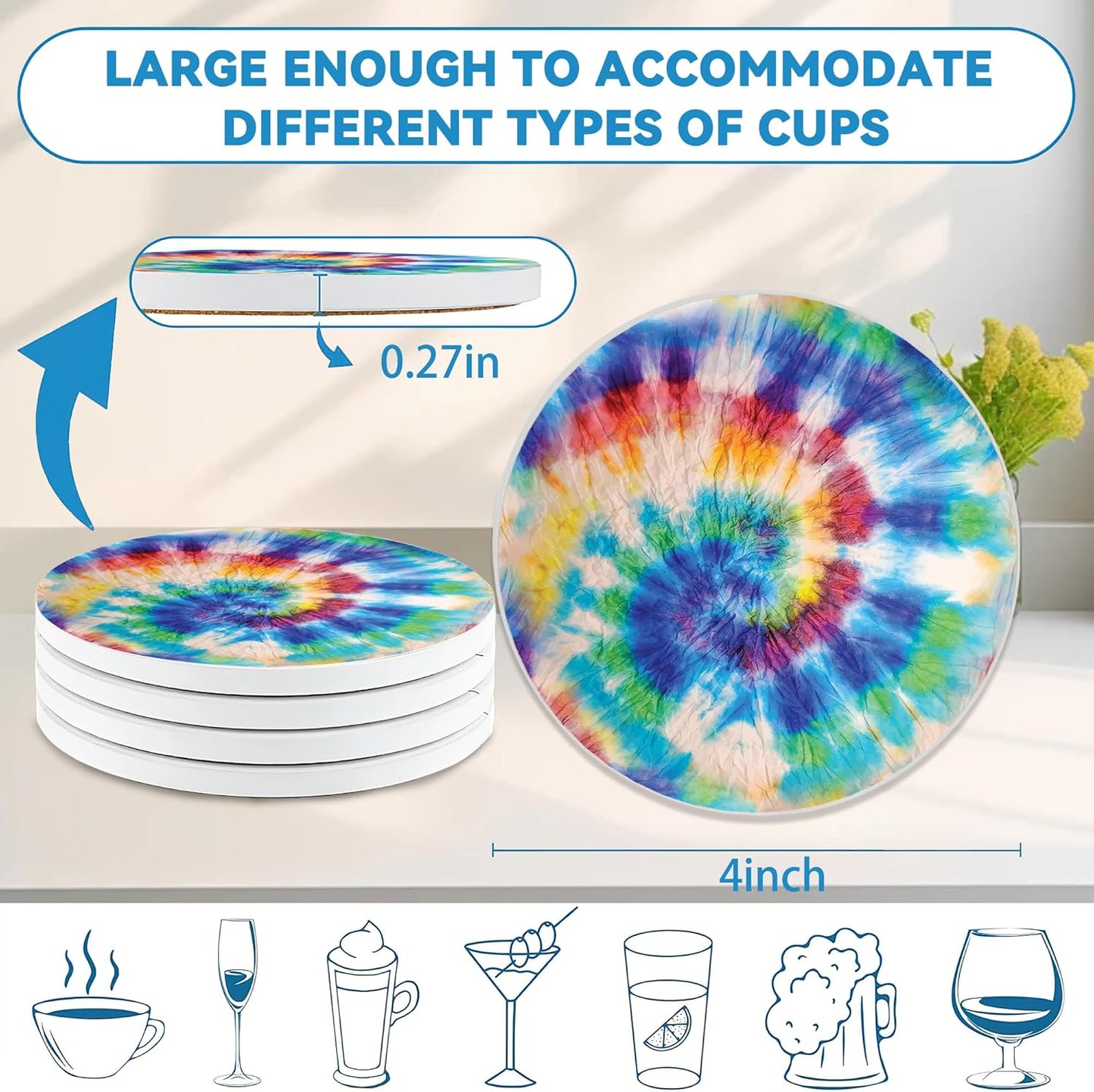 Drinks Coasters Set of 4, Rainbow Tie-Dye Round 4" Cup Coasters, Absorbent Ceramic Stone Coasters with Cork Base, Cute Coasters for Table Home Décor, Ideal Gifts for Women Men