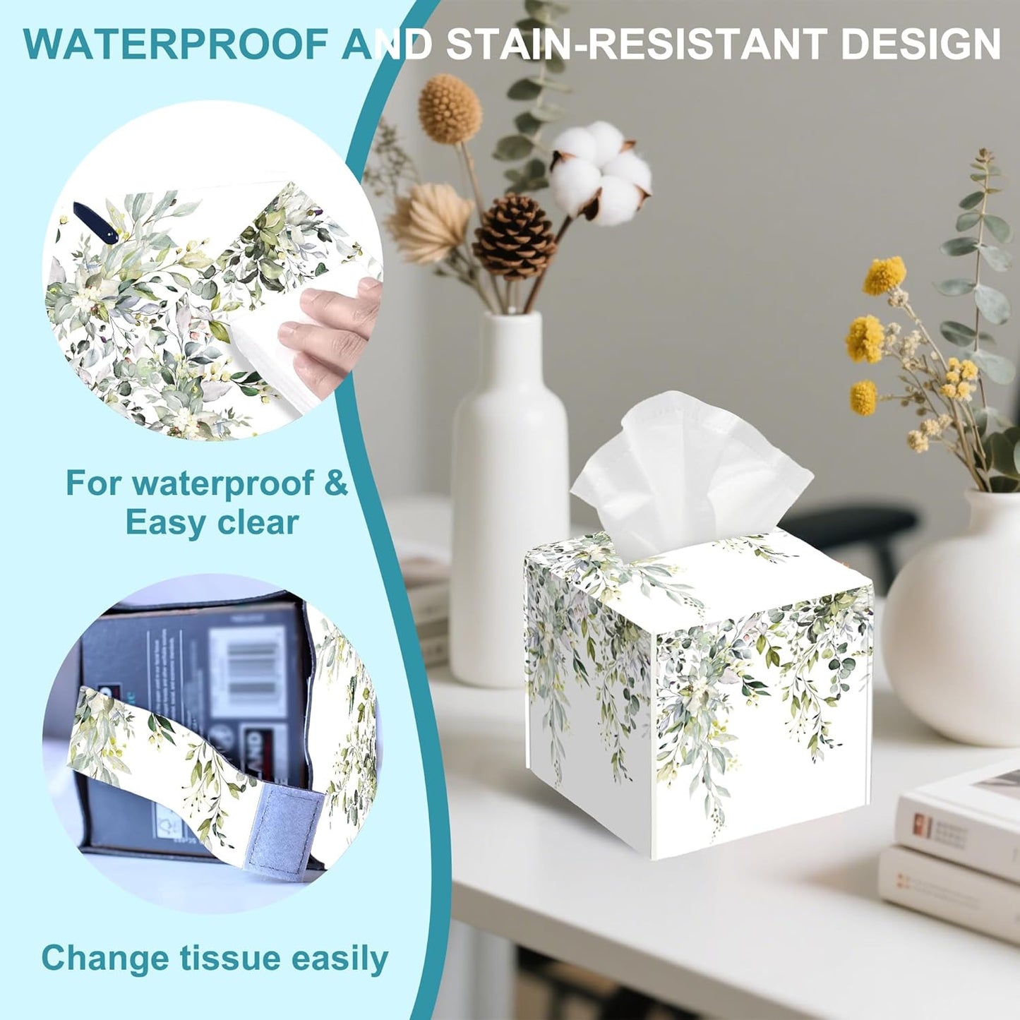 Watercolor Floral Leaves Tissue Box Holder,Square Leather Tissue Box Cover with Bottom Belt,Waterproof Modern Napkin Holder Organizer for Car Bathroom Nightstand Vanity Tabletop,5.2" x 5.2" x 5.2"