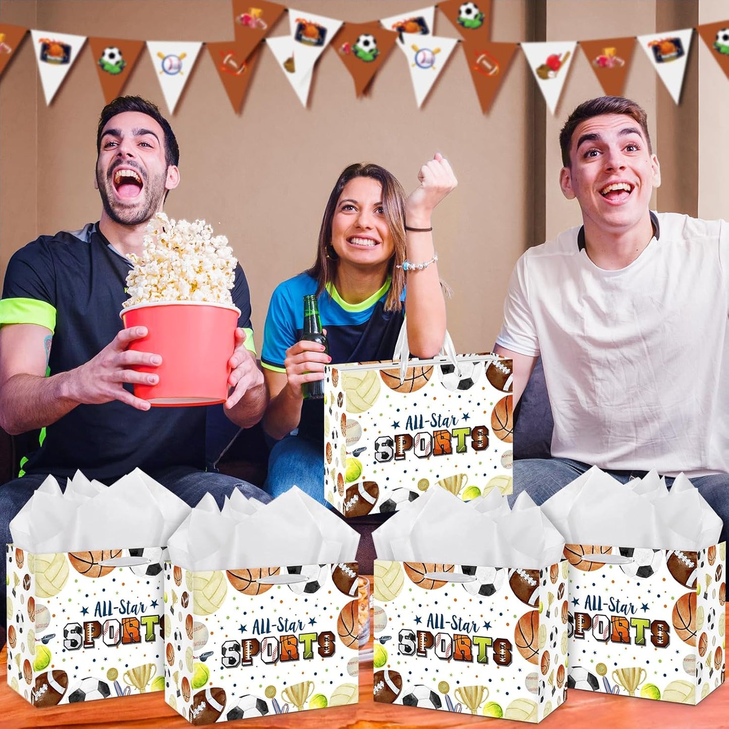 Sports Party Gift Bag, Sports Ball Gift Wrap Bag with Tissue Paper Card Decorations for Kids Men Soccer Tennis Football Baseball Team Birthday Party Favor Goodie Gifts Treat Wrapping Bag Supplies