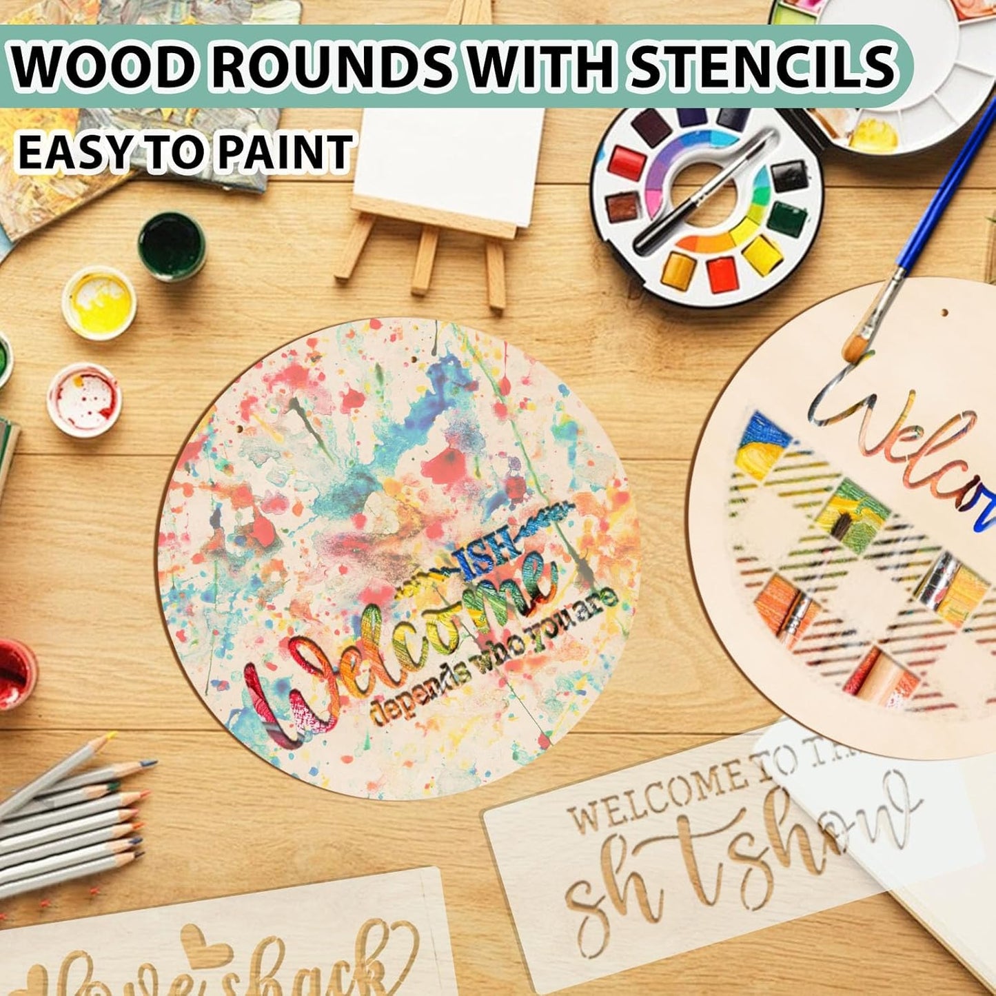 12 Inch Wood Circles for Crafts, 10Pcs Unfinished Wood Rounds with 12Pcs Welcome Stencils & 12Pcs Painting, DIY Wooden Crafts for Door Hanger, Wood Burning, Painting, Christmas Thanksgiving Day Decor
