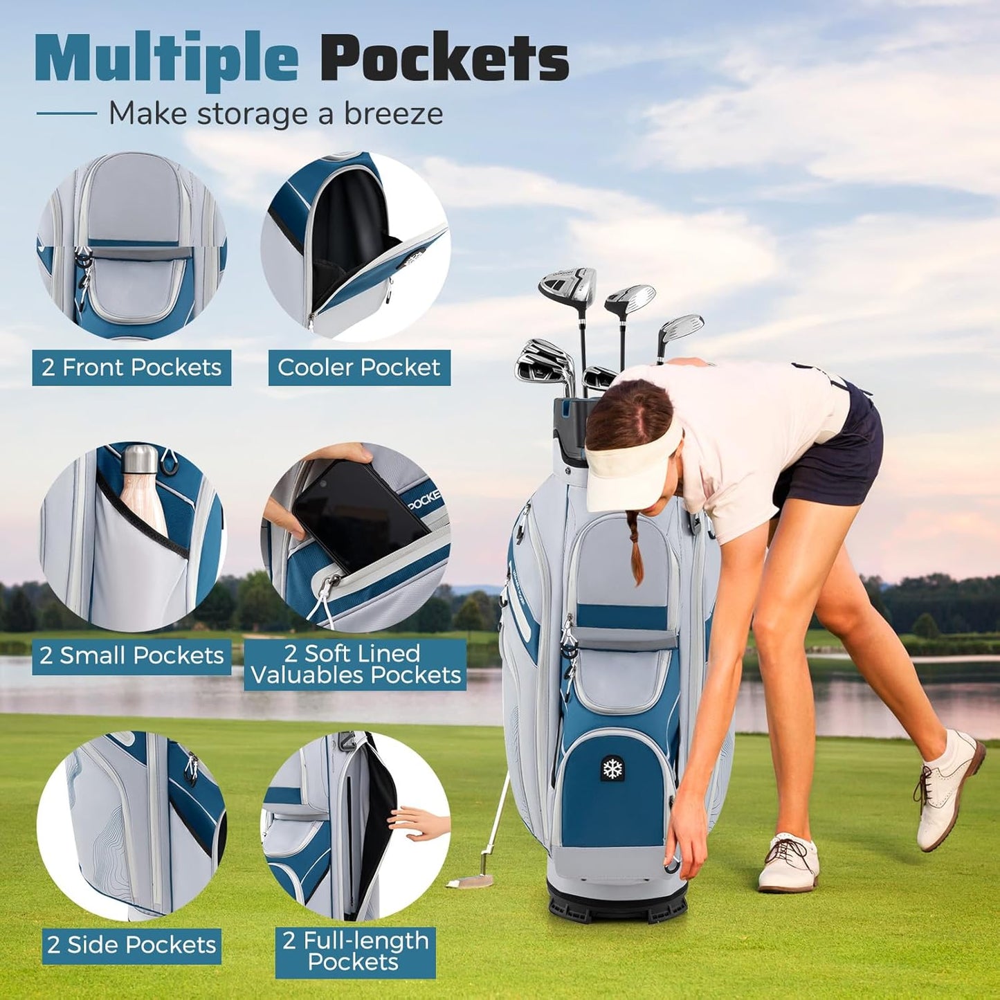 Goplus Lightweight Golf Cart Bag, Molded Lock Top Golf Club Bag w/14-Way Full Length Organizer Dividers, 11 Pockets, Cooler Bag, Straps, Umbrella Holder & Rain Hood for Men Women