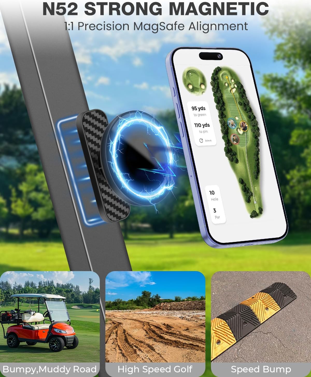 MENOLY Magnetic Golf Cart Phone Holder Compatible with EZGO, Club Car, Yamaha,Golf Cart Phone Mount Fits with iPhone 16 15 14 13 12 Pro Max Plus, Galaxy, Google Golf Cart Accessories Gift for Men