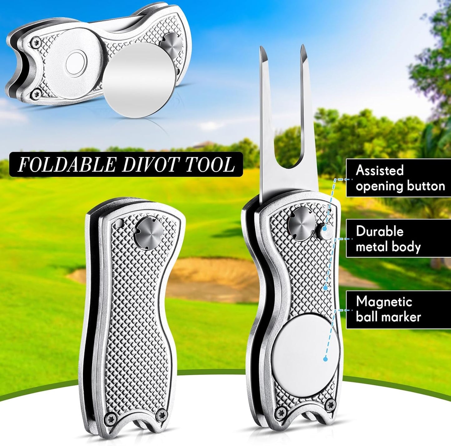 Poen 12 Pcs Golf Divot Tool Golf Repair Tool with Magnetic Ball Marker and Popping Button Metal Foldable Switchblade Repair Fixer for Golfers Prizes
