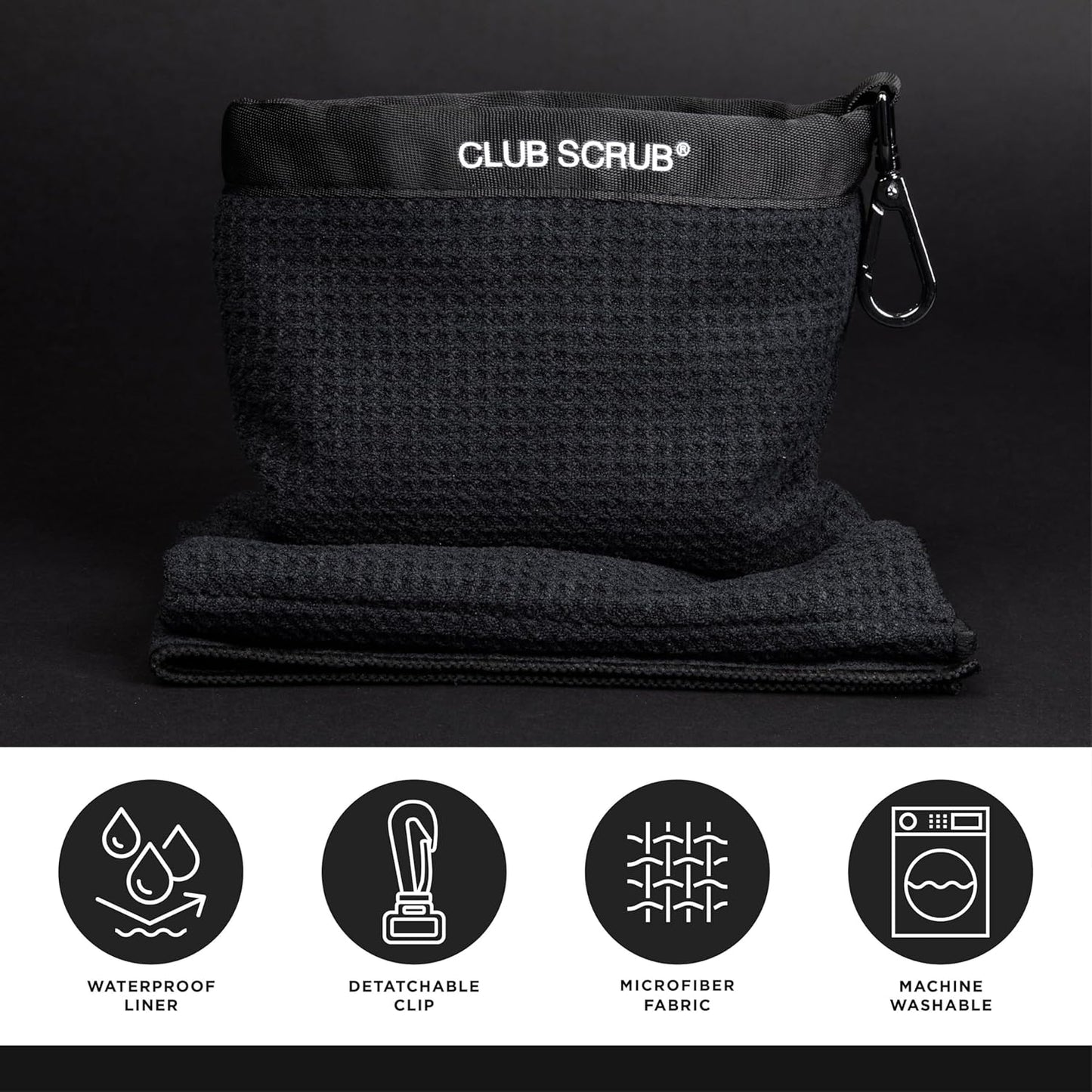 Club Scrub Towel Pro, Golf Club and Ball Cleaning Pouch with Attached Towel, Waterproof Exterior, Clean Face Technology Liner, Machine Washable, Cleans Club Grooves, Waffle-Weave Microfiber