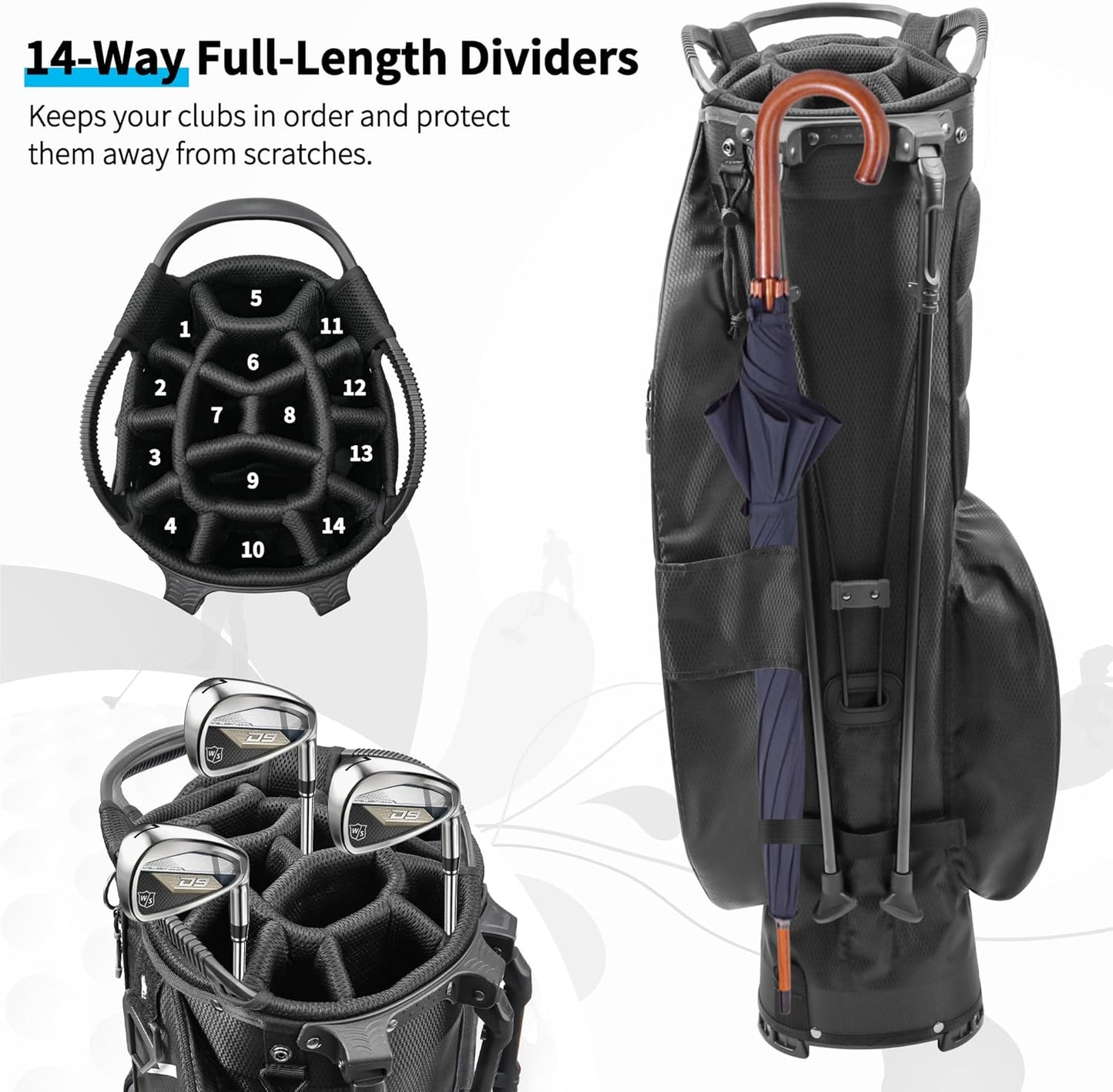 Golf Stand Bag 14 Way Full-Length Dividers with Stand, Lightweight Waterproof Golf Bag, 8 Pockets, Cooler Pouch,Golf Club Bag for Men, Dual Strap, Rain Hood, Black