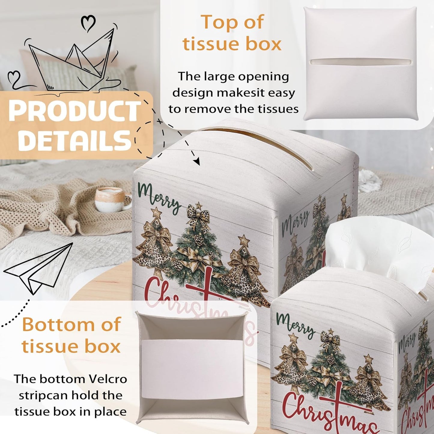 Leopard Print Christmas Tree Box Holder, Coquette Bow Sublimation Leather Tissue Box Cover Square, Paper Facial Decorative Tissues Cover for Night Stands Bathroom Office Home Decor-B29