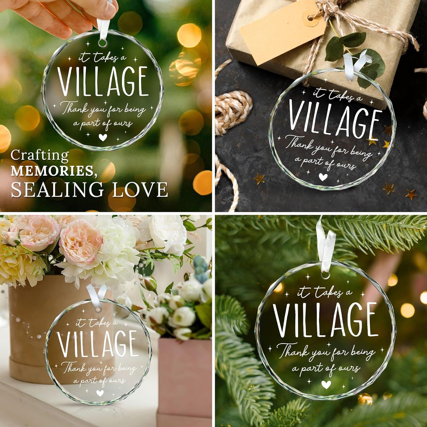 HEXMOZ Teacher Appreciation Gifts - Thank You Gifts for Women - Appreciation Gift for Teacher Daycare Provider Nanny Babysitter Coworker Employee - It Takes a Village Thank You Gift - Glass Ornament