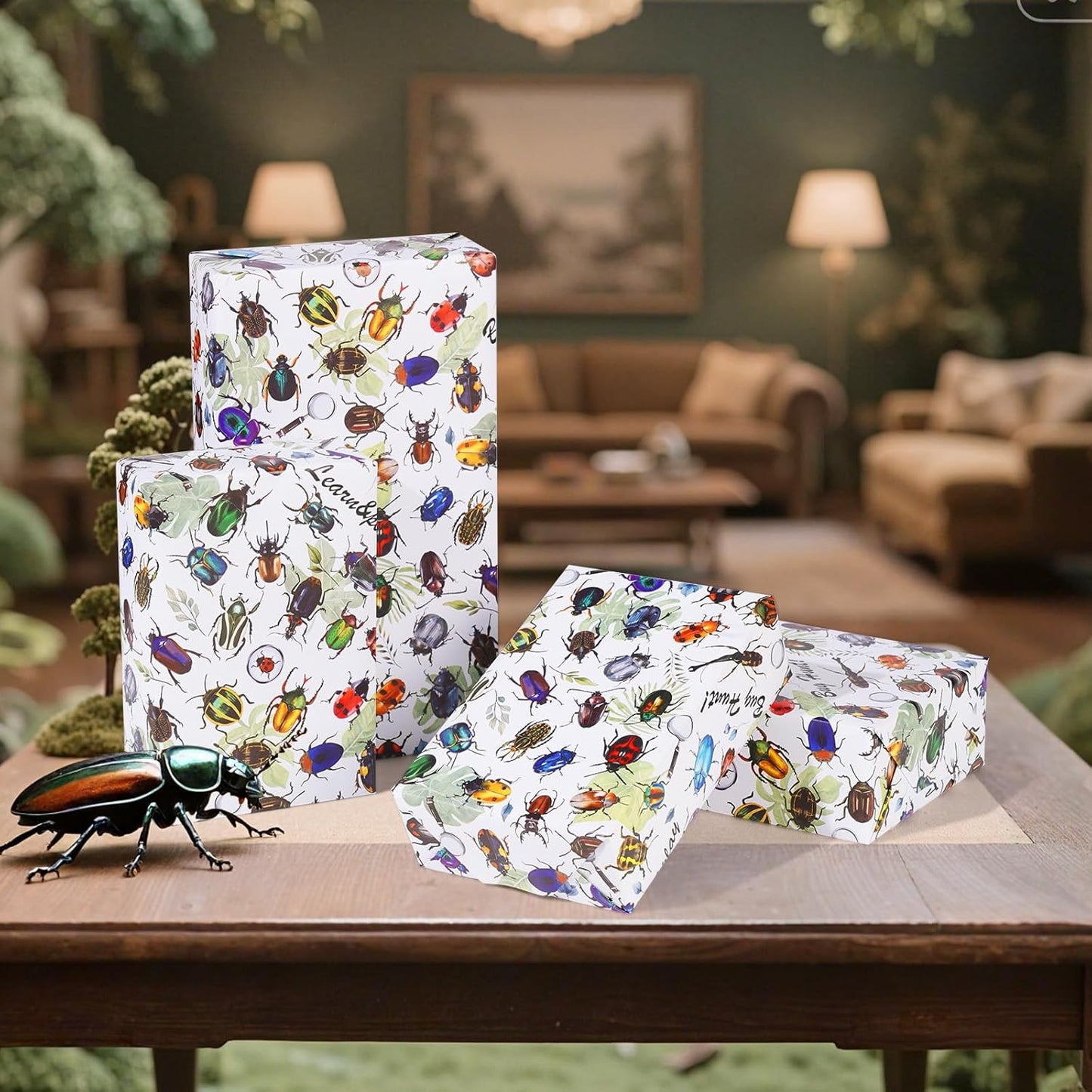 Insect Wrapping Paper Roll - 17Inch x16.4Feet - Beetle Bugs&Leaves Colorful Gift Wrap for Nature Parties,Birthdays,Celebrations