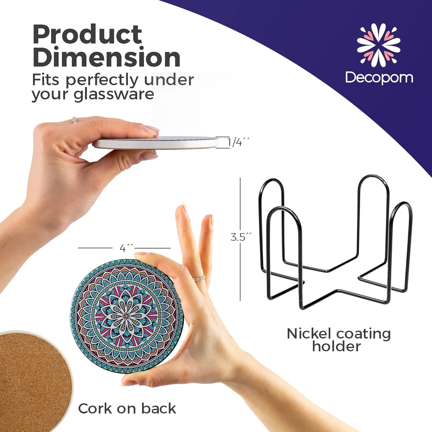 Mandala Drink Coasters with Holder - 8 Set Ceramic Boho Coaster for Drinks Absorbent with Cork Base and Black Holder - Coasters for Coffee Table Apartment Wooden Bar Mugs Glasses Cup Beer