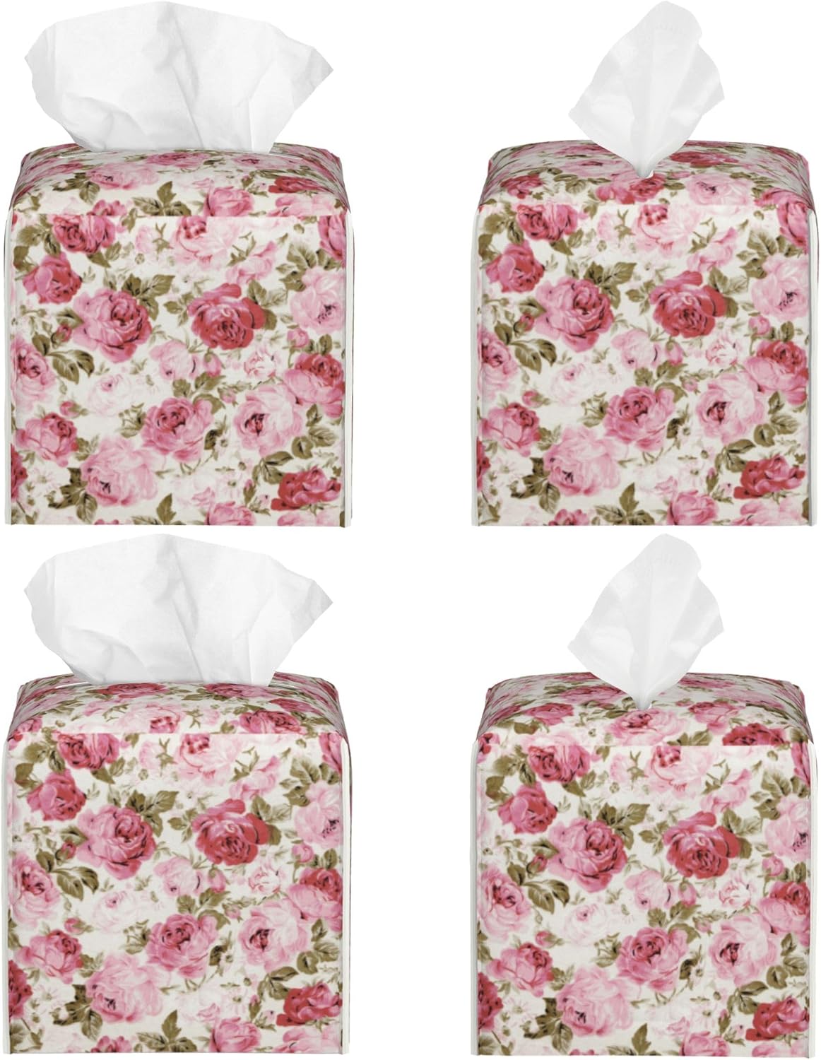 Vintage Rose Flowers Leaves Tissue Box Cover Square,Pink Floral Plants Tissue Box Holder Waterproof Leather Facial Paper Organizer Dispenser for Bathroom Home Car Nightstand Vanity Desk