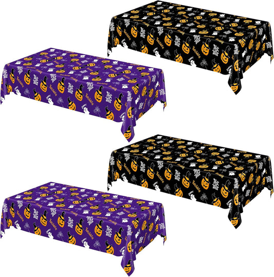 QZYL 4 Pack Halloween Coloring Tablecloth, 54" x 108" Pumpkin Decorations, Purple Disposable Table Cloth Black Plastic Tablecover, Halloween Party Decor Supplies Indoor Outdoor