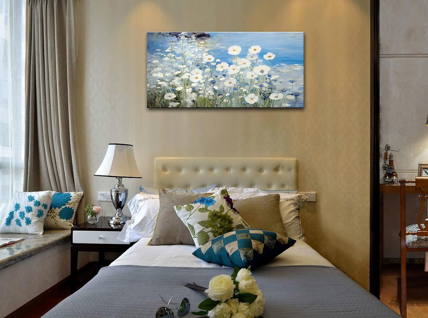 dgbtcart White Daisy Flower Wall Art Picture Decor, 3D Blue Texture Landscape Painting Modern Artwork Canvas Print for Living Room Bedroom Office Home Decoration - 20"x40"