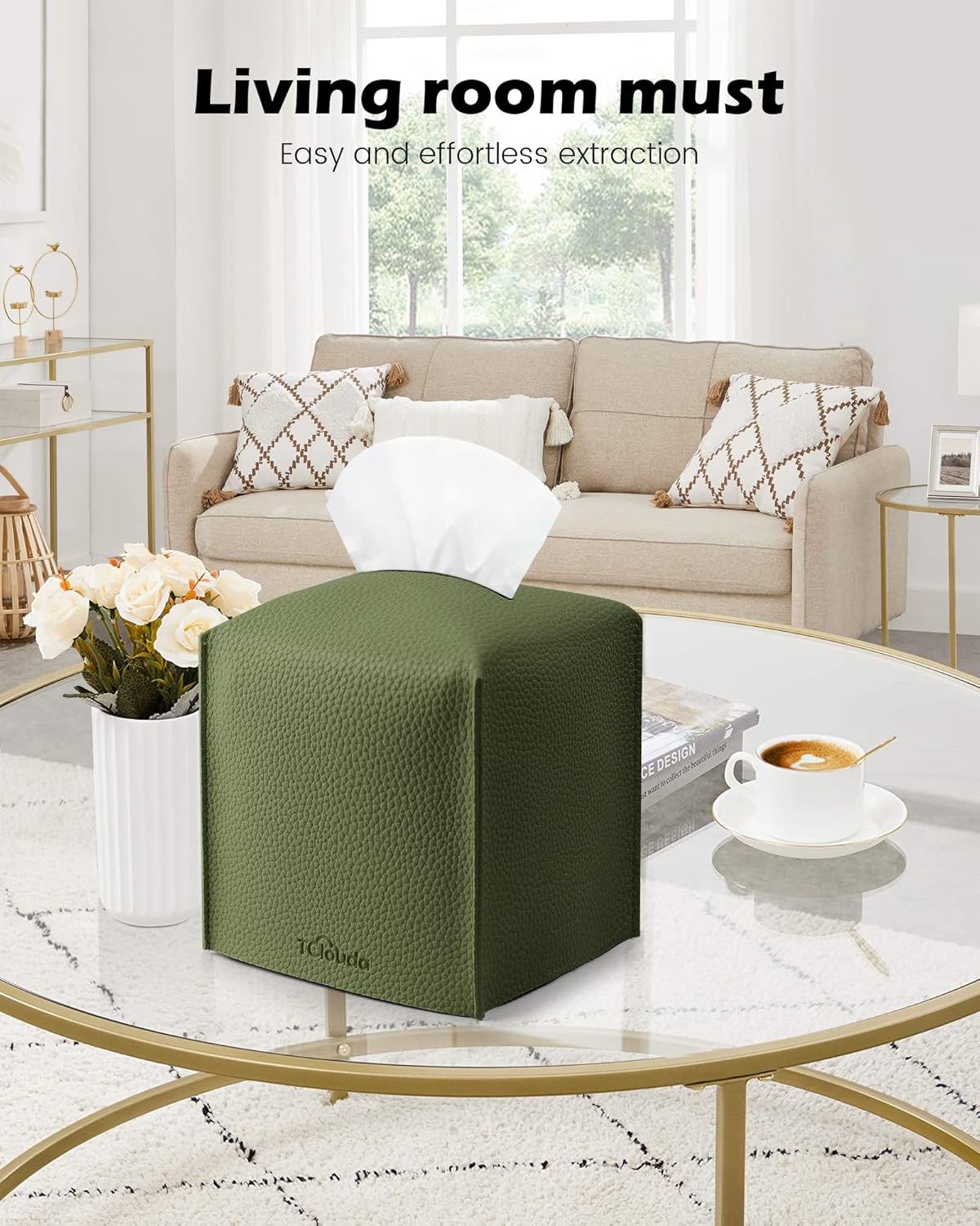 Tissue Box Cover for PU Leather, Modern Simple Solid Color Holder Square Tissue Bag, Ideal for Bathrooms,Office,Car,Nightstand,Outdoor Tent,Dining Table,5"X5"X5", Single Green