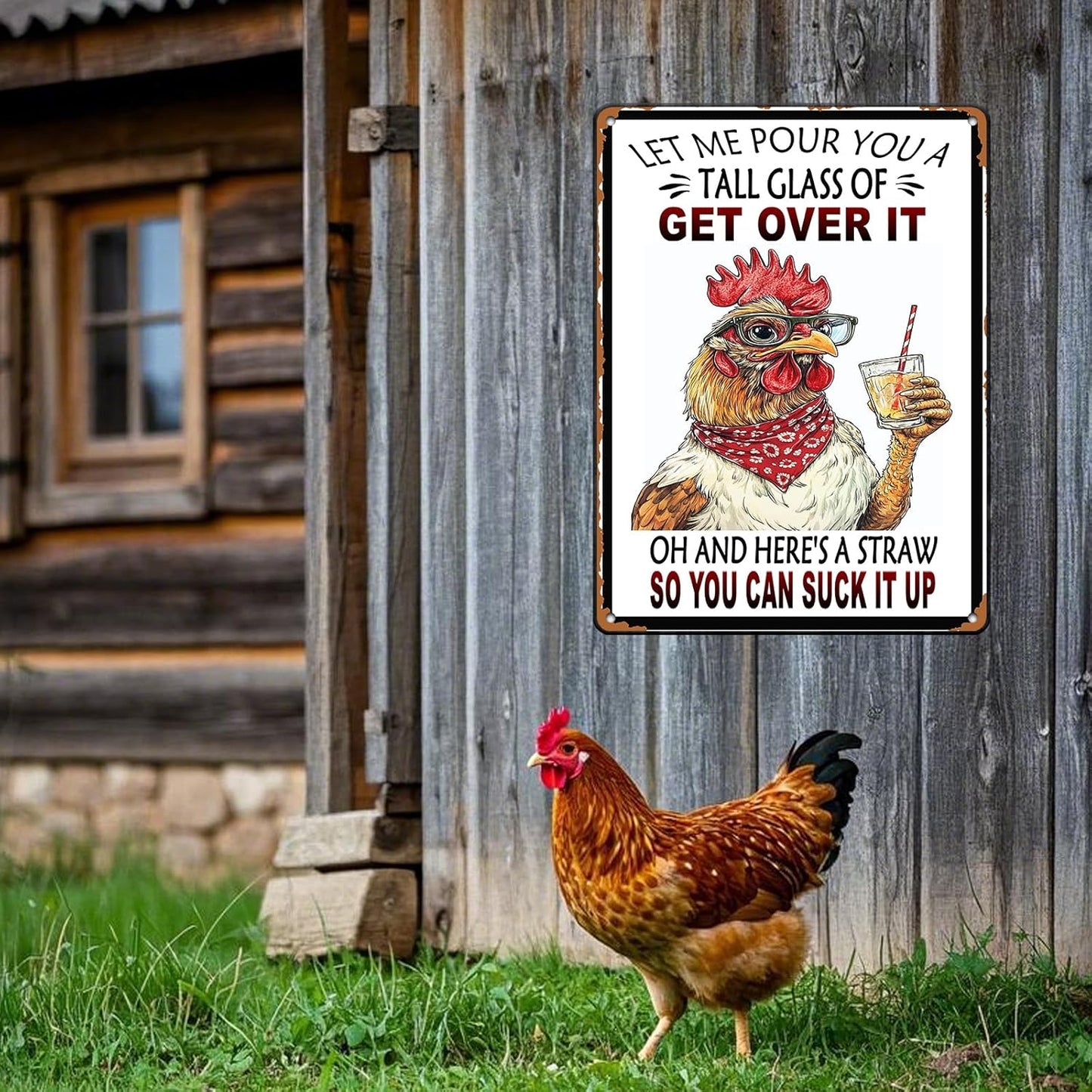 Vintage Chicken Let Me Pour You A Tall Glass Of Get Over It Aluminum Metal Tin Sign 12x16 Inch Home Kitchen Garden Wall Decor