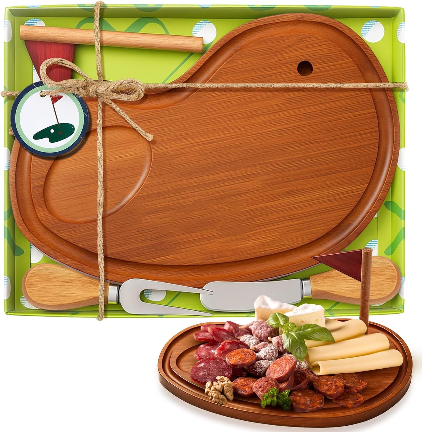 Golf Cheese Board Gift Set Party Favor Prizes Charcuterie Wood Board with Knives and Box Father Day Gift for Dad Grandpa Party Tournament Game(9.8" x 7.7", Carbonized Color)